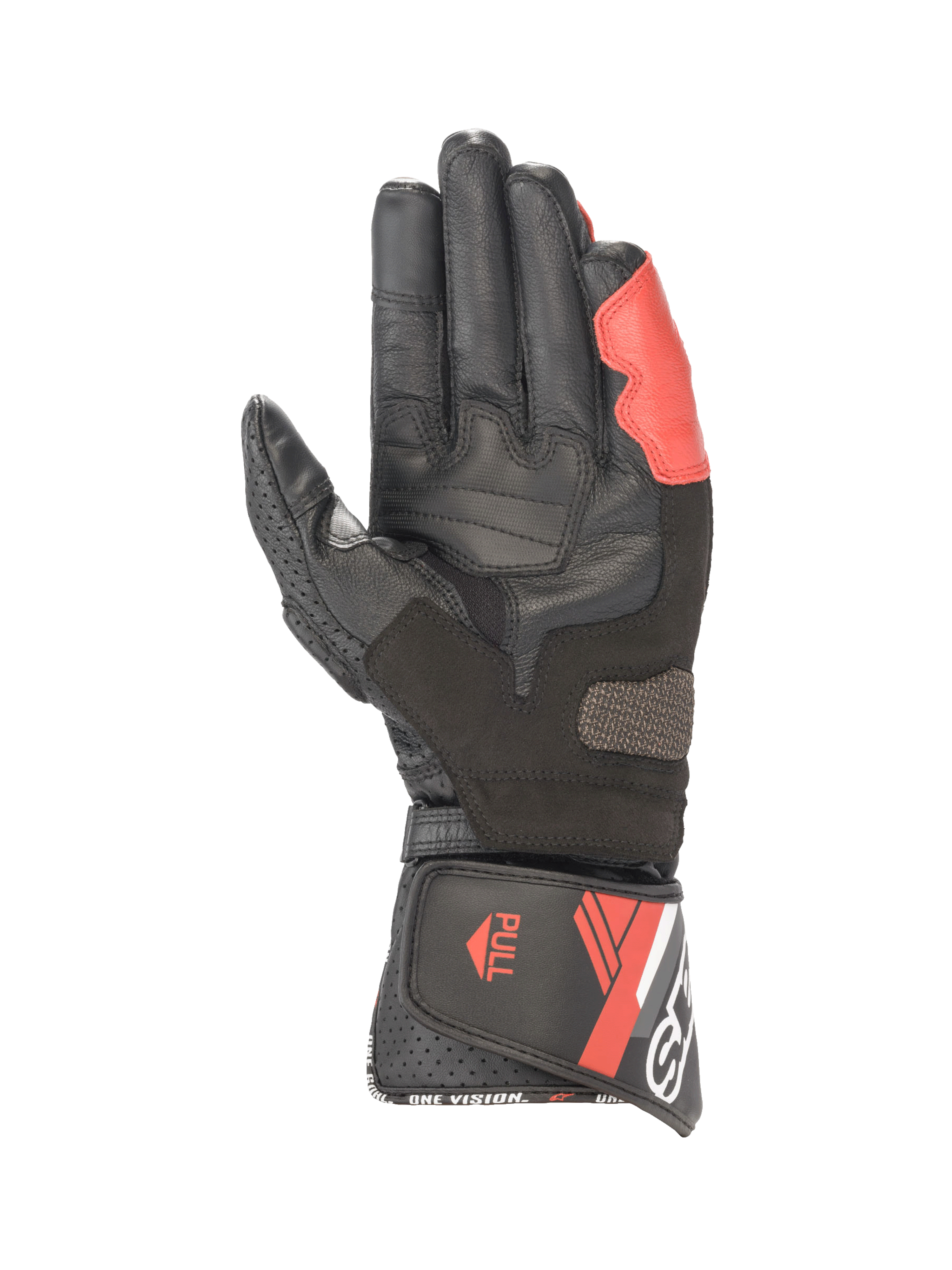 Alpinestars Guanti SP-8 V3, guanti da moto racing da uomo, neri, bianchi e rossi brillanti, vista del palmo in pelle con rinforzi e chiusura a strappo.