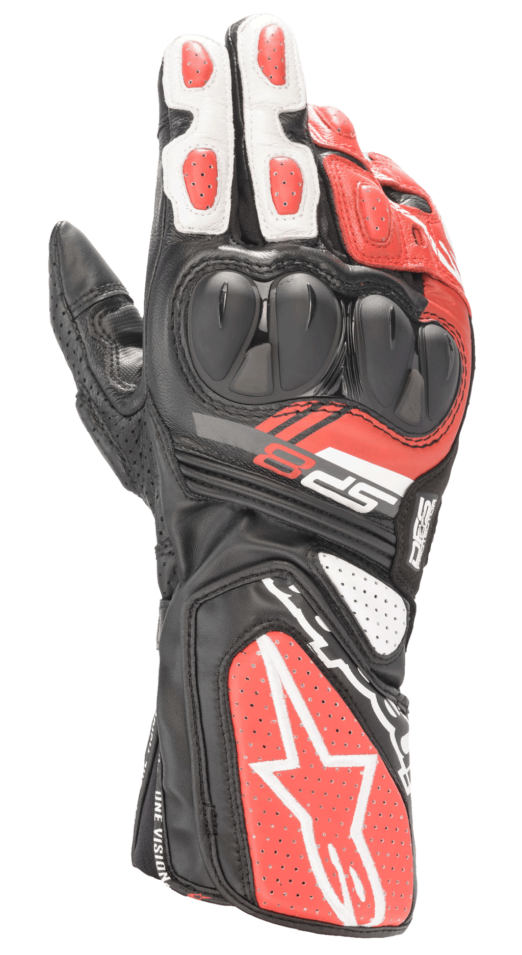 Guanti Alpinestars SP-8 V3, guanti da moto racing, nero, bianco e rosso acceso, con protezione nocche a doppia densità, pannelli in pelle traforata e polsino lungo con logo Alpinestars, progettati per prestazioni in pista e sicurezza stradale