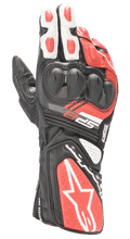Guanti Alpinestars SP-8 V3, guanti da moto racing, nero, bianco e rosso acceso, con protezione nocche a doppia densità, pannelli in pelle traforata e polsino lungo con logo Alpinestars, progettati per prestazioni in pista e sicurezza stradale
