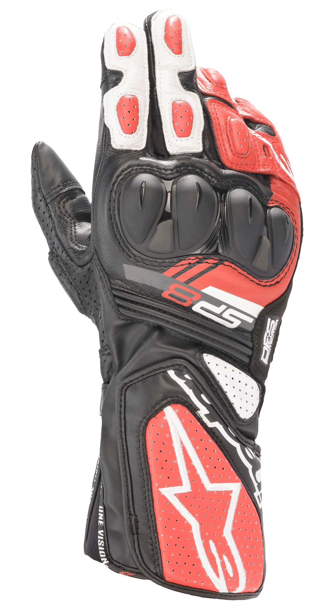 Guanti Alpinestars SP-8 V3, guanti da moto racing, nero, bianco e rosso acceso, con protezione nocche a doppia densità, pannelli in pelle traforata e polsino lungo con logo Alpinestars, progettati per prestazioni in pista e sicurezza stradale
