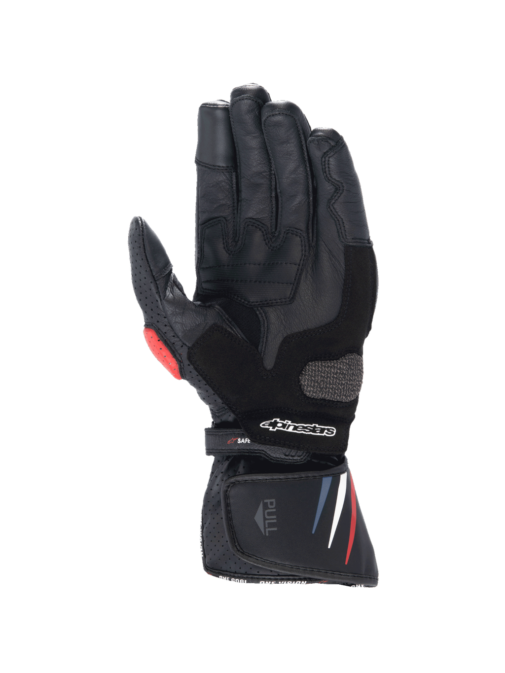 Alpinestars guanti Honda SP-8 V3, guanti da moto racing da uomo, neri in pelle con dettagli rossi e blu e palmo rinforzato.