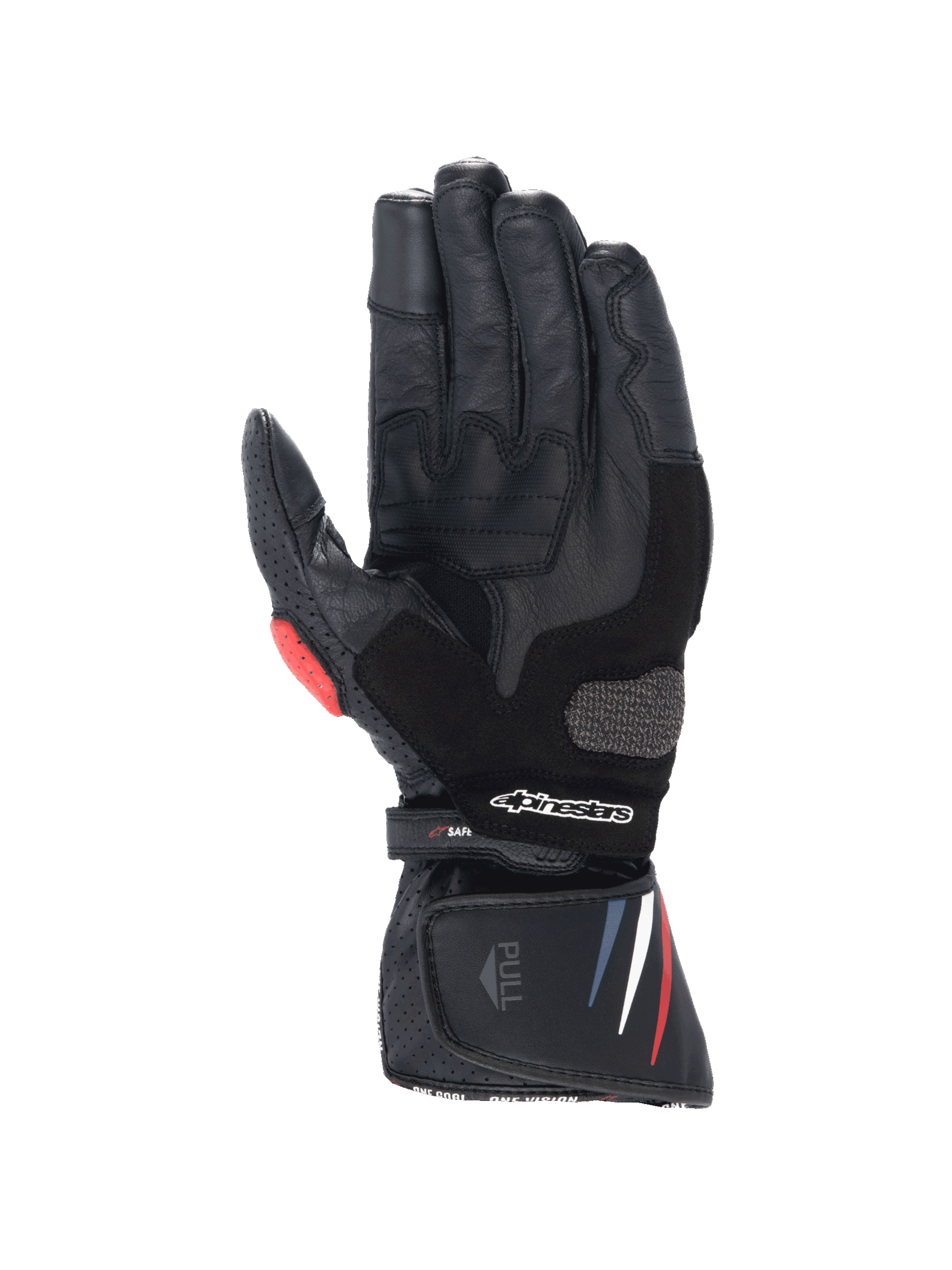 Alpinestars guanti Honda SP-8 V3, guanti da moto racing da uomo, neri in pelle con dettagli rossi e blu e palmo rinforzato.