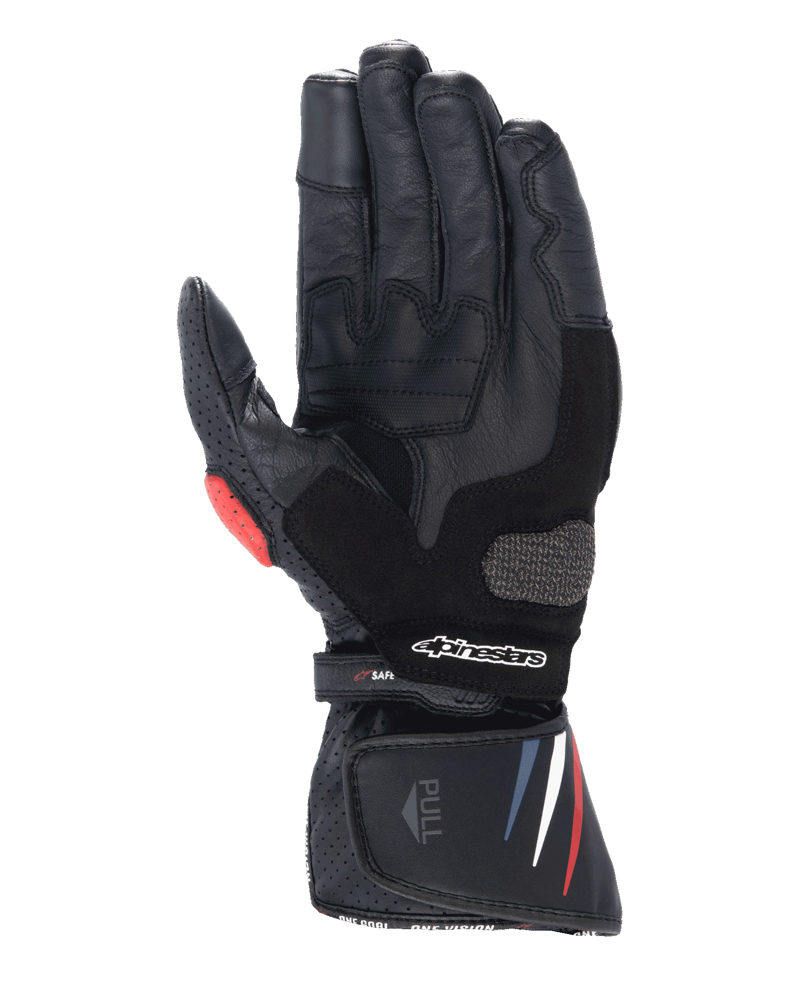 Guanti Alpinestars Honda SP-8 V3, guanti da moto, nero con accenti rossi e blu, vista del palmo che mostra la costruzione in pelle pieno fiore, cursore del palmo rinforzato, dettagli traforati e polsino esteso con logo Alpinestars.