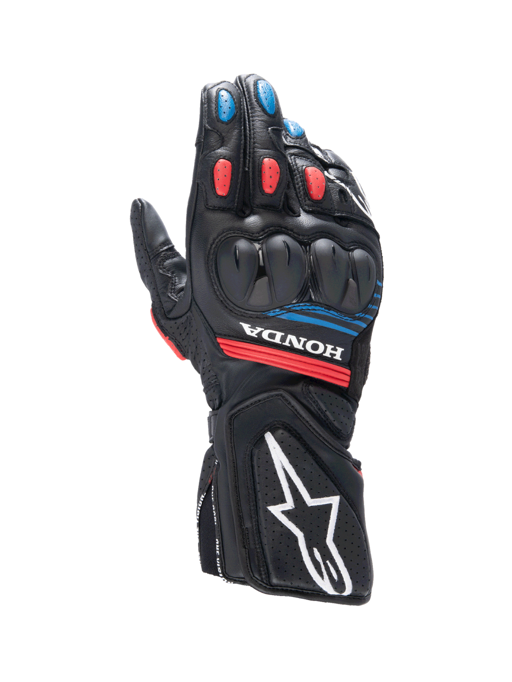 Alpinestars guanti Honda SP-8 V3, guanti da moto sportivi da uomo, neri con dettagli rossi e blu, protezione nocche SP a doppia densità, in pelle, certificati CE.