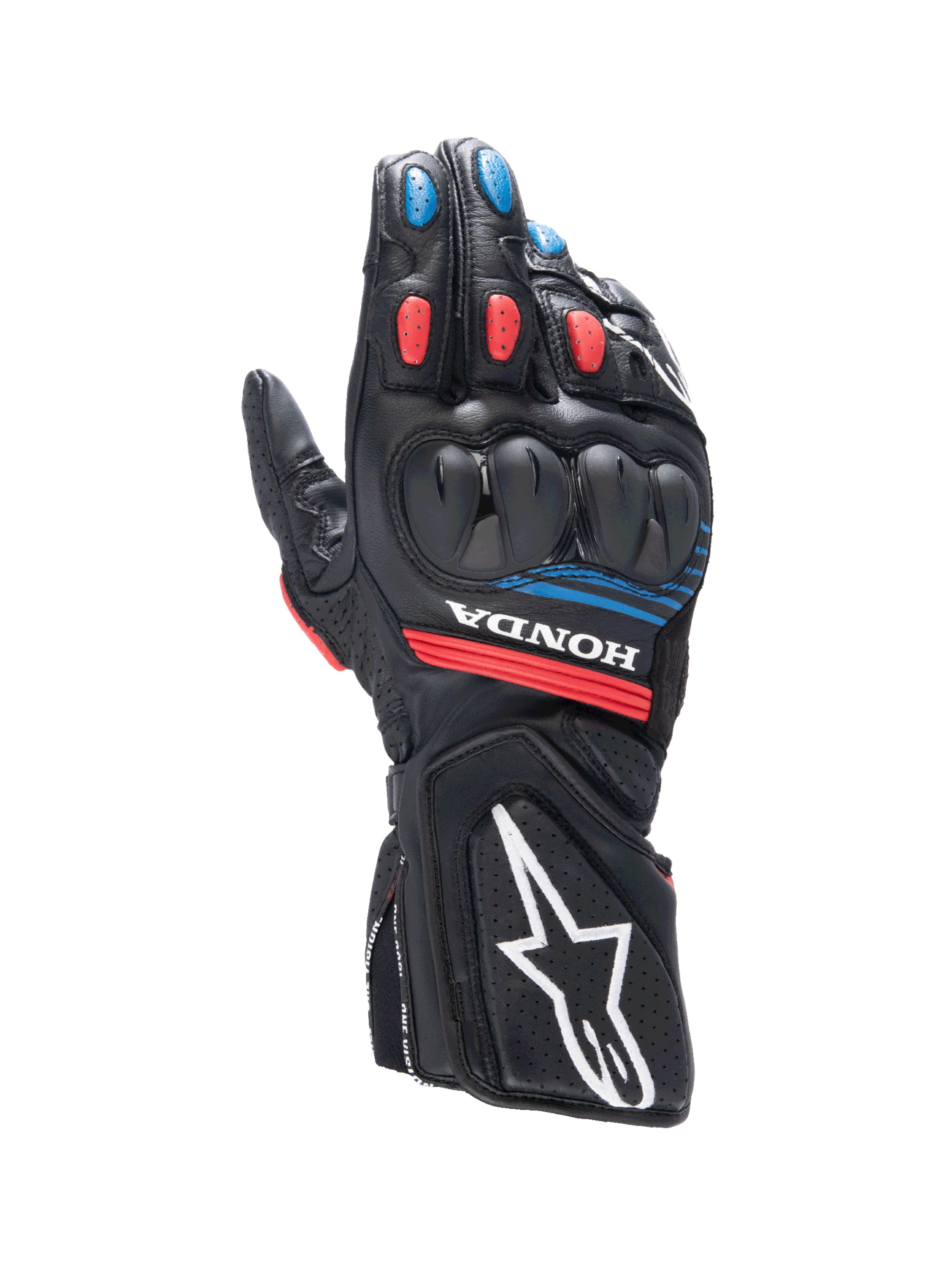 Alpinestars guanti Honda SP-8 V3, guanti da moto sportivi da uomo, neri con dettagli rossi e blu, protezione nocche SP a doppia densità, in pelle, certificati CE.