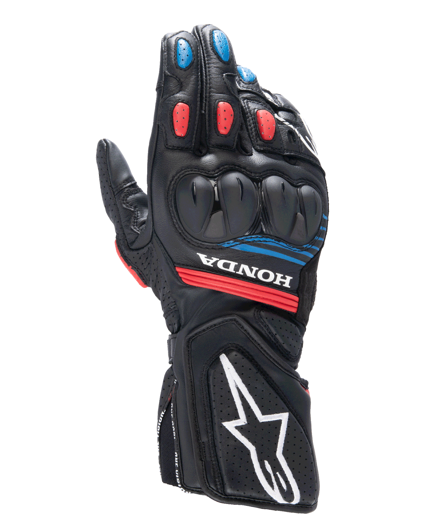 Guanti Alpinestars Honda SP-8 V3, guanti da moto racing, nero con accenti rosso brillante e blu, protezione rigida per le nocche a doppia densità, struttura in pelle traforata, marchio Honda sul polso e grande logo Alpinestars bianco sul polsino.