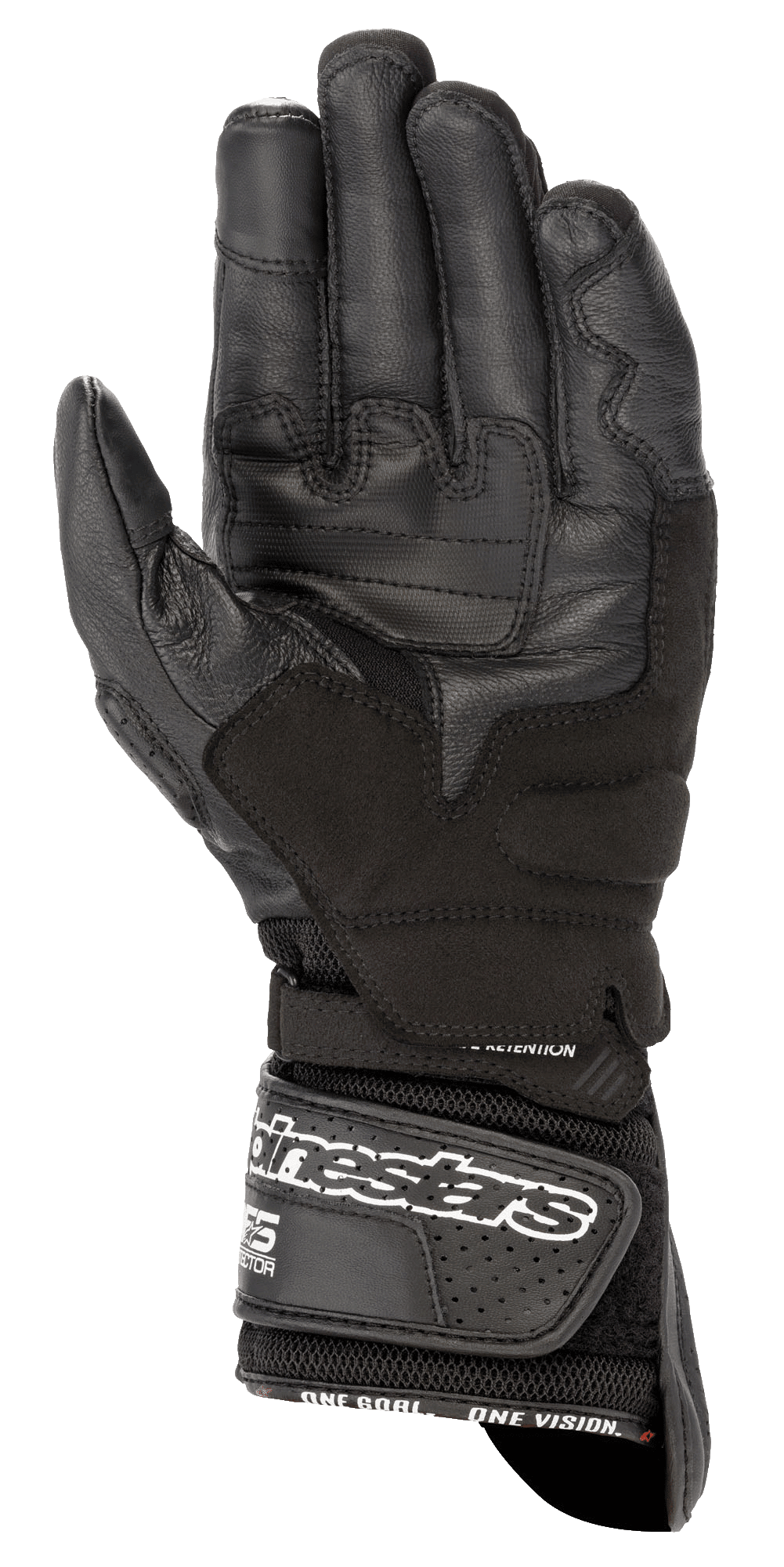 Guanti Alpinestars SP-8 V3 Air, guanti da moto, nero, vista del palmo con struttura in pelle rinforzata, inserti grip e ampia chiusura sul polso con logo bianco per una calzata sicura