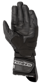 Guanti Alpinestars SP-8 V3 Air, guanti da moto, nero, vista del palmo con struttura in pelle rinforzata, inserti grip e ampia chiusura sul polso con logo bianco per una calzata sicura