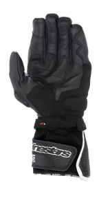 Guanti Alpinestars SP-8 V3 Air, guanti da moto, nero con accenti bianchi e rossi, vista del palmo in pelle traforata, zone di presa rinforzate e polsino in mesh 3D con grande logo Alpinestars sulla chiusura in velcro