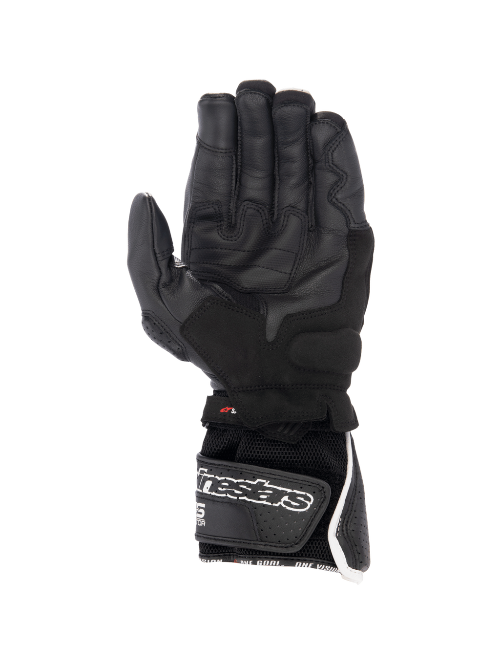 Alpinestars Guanti SP-8 V3 Air, guanti da moto racing da uomo, neri e bianchi, vista del palmo in pelle traforata e chiusura in velcro.