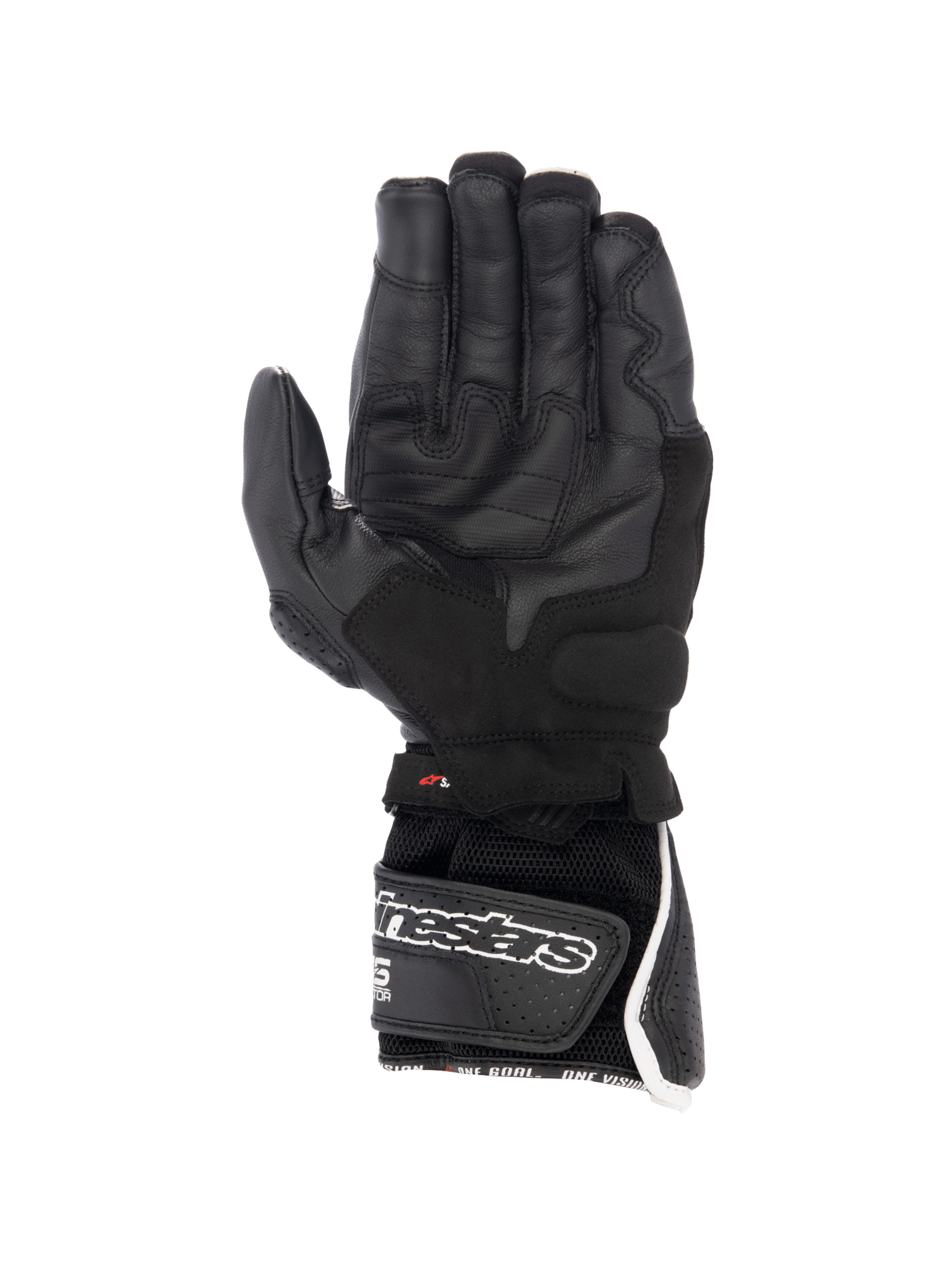 Alpinestars Guanti SP-8 V3 Air, guanti da moto racing da uomo, neri e bianchi, vista del palmo in pelle traforata e chiusura in velcro.