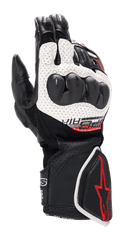 Guanti Alpinestars SP-8 V3 Air, guanti da moto racing, nero, bianco e rosso vivace, con struttura in pelle traforata, protezione delle nocche a doppia densità, pannelli in mesh 3D e dettagli del logo rossi sul polsino