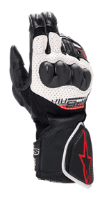 Guanti Alpinestars SP-8 V3 Air, guanti da moto racing, nero, bianco e rosso vivace, con struttura in pelle traforata, protezione delle nocche a doppia densità, pannelli in mesh 3D e dettagli del logo rossi sul polsino