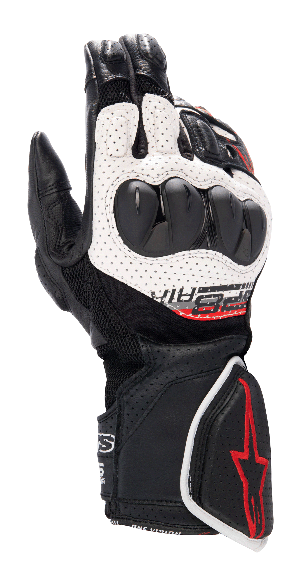 Guanti Alpinestars SP-8 V3 Air, guanti da moto racing, nero, bianco e rosso vivace, con struttura in pelle traforata, protezione delle nocche a doppia densità, pannelli in mesh 3D e dettagli del logo rossi sul polsino