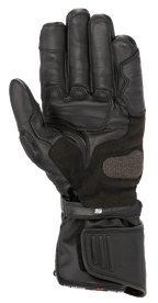 Guanti Alpinestars SP-8 HDry®, guanti da moto, nero, vista del palmo che mostra la struttura in pelle rinforzata, zona di atterraggio ARShield e doppio sistema di chiusura con cinturino 'Safe Retention', protezione impermeabile per guida sportiva.
