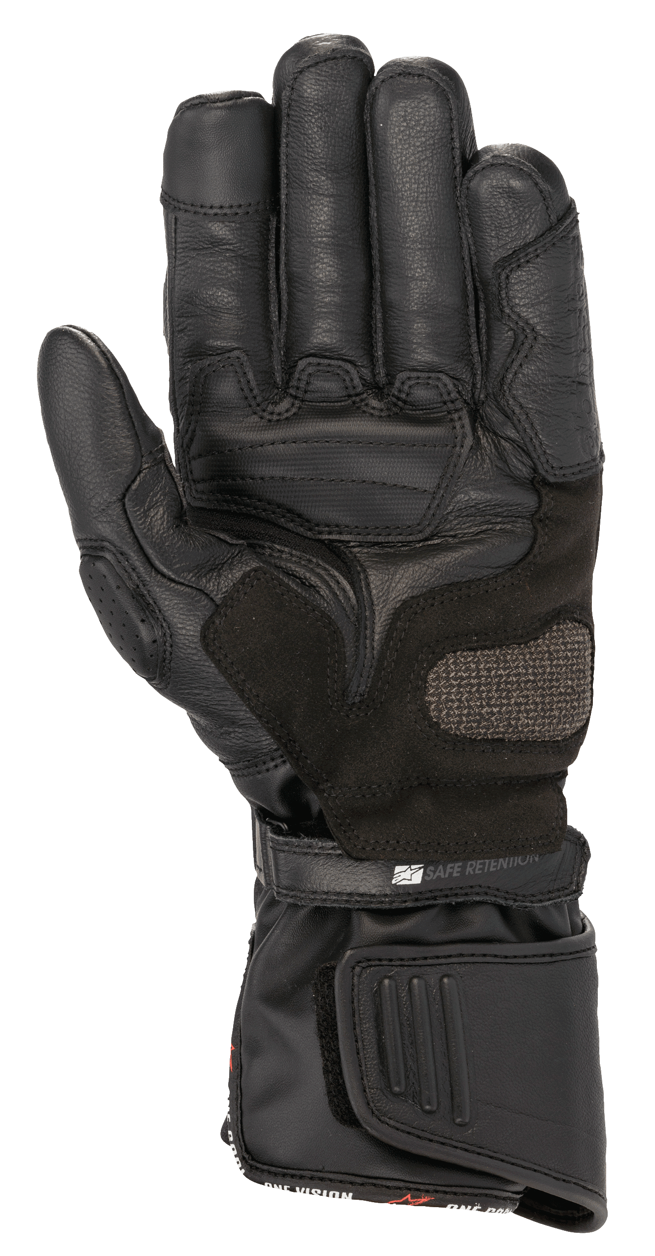 Guanti Alpinestars SP-8 HDry®, guanti da moto, nero, vista del palmo che mostra la struttura in pelle rinforzata, zona di atterraggio ARShield e doppio sistema di chiusura con cinturino 'Safe Retention', protezione impermeabile per guida sportiva.
