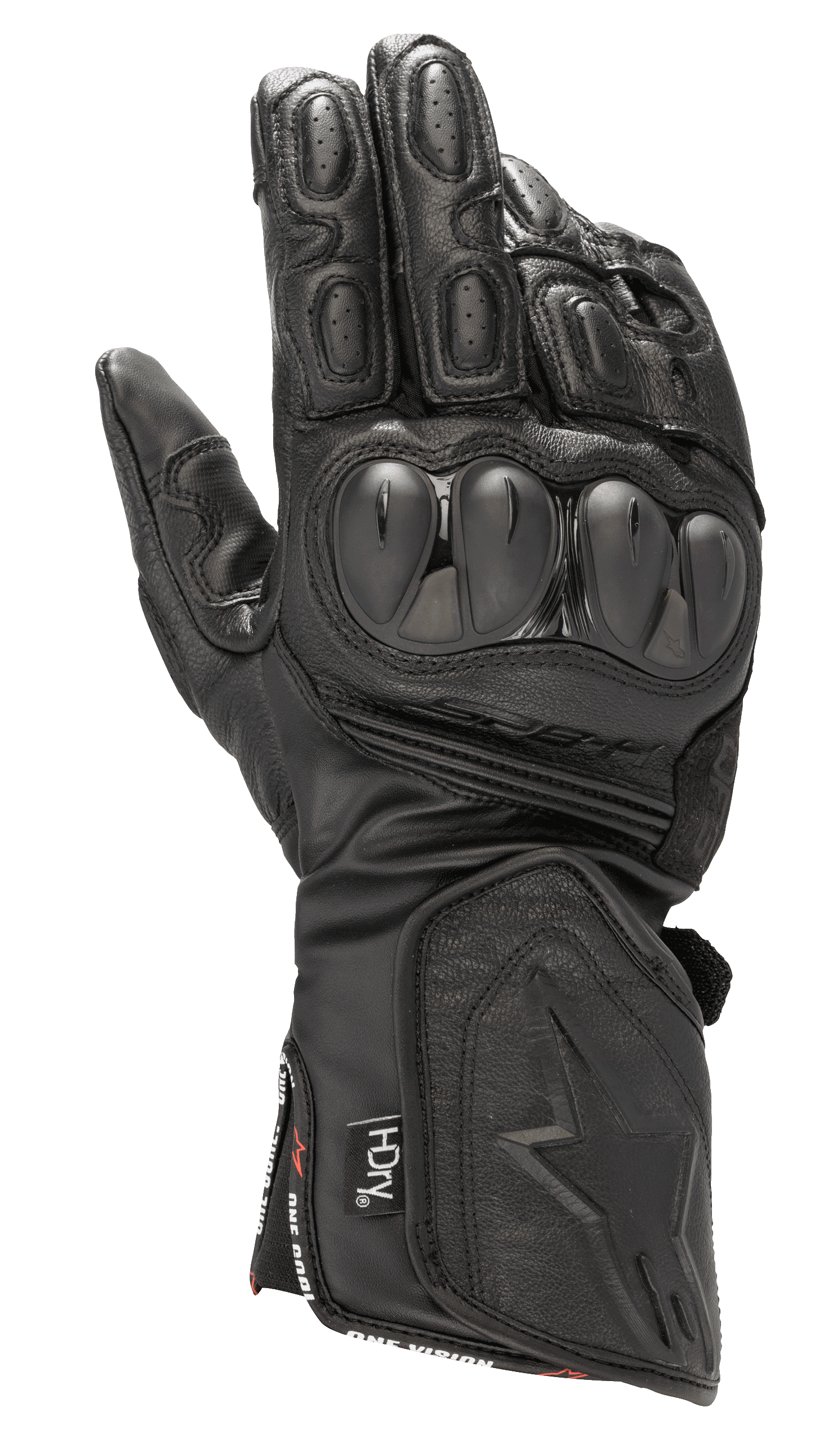 Guanti Alpinestars SP-8 HDry, guanti da moto racing impermeabili, nero, protezioni rigide per le nocche a doppia densità, pelle testurizzata con traforature, dita imbottite, polsino lungo con logo a stella goffrato e marchio della tecnologia HDry