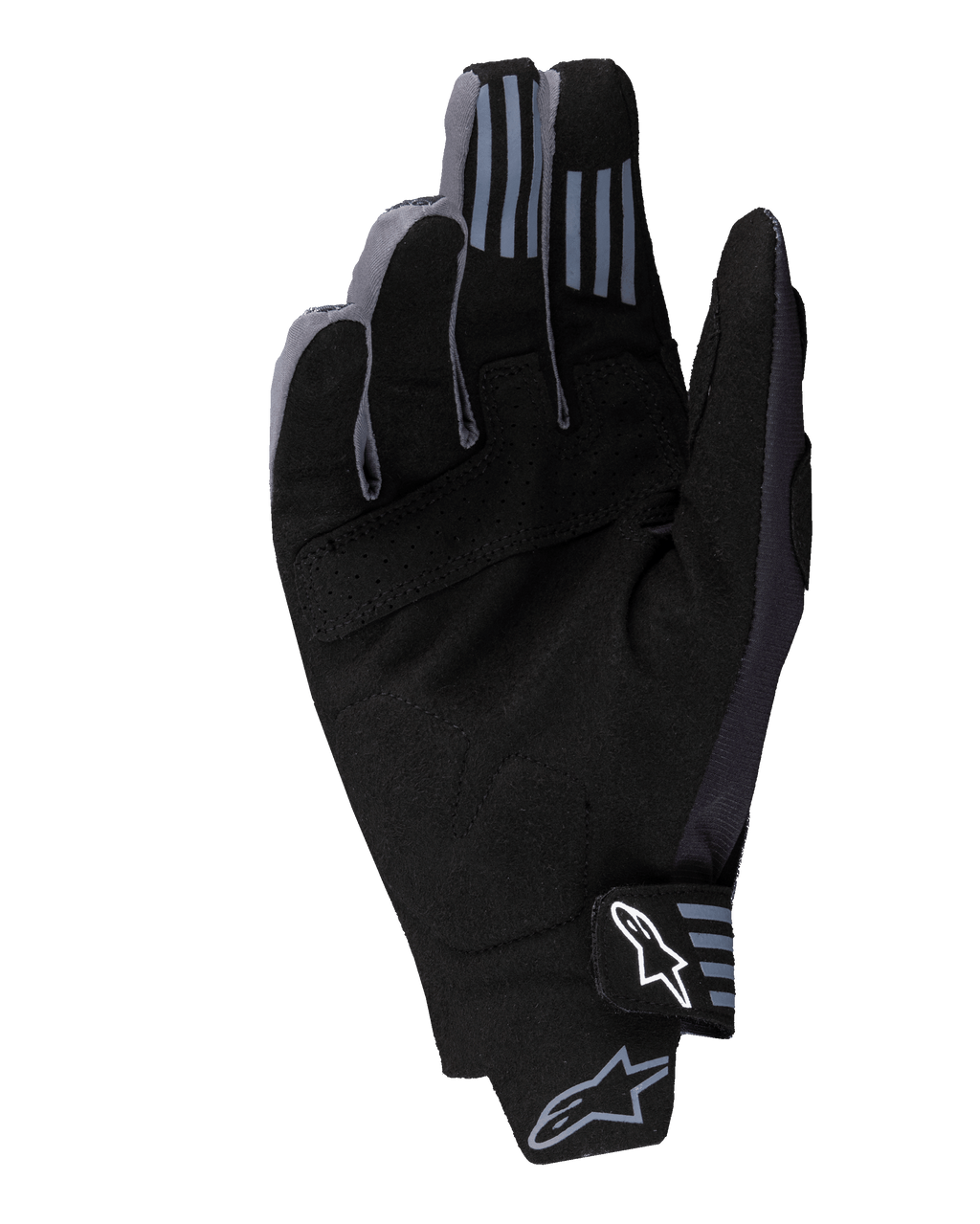 Alpinestars Techstar Gloves 2025, guanti da motocross, nero, vista del palmo in pelle scamosciata sintetica con dettagli traforati, grip in silicone sulla punta delle dita e logo Alpinestars bianco sulla chiusura del polso