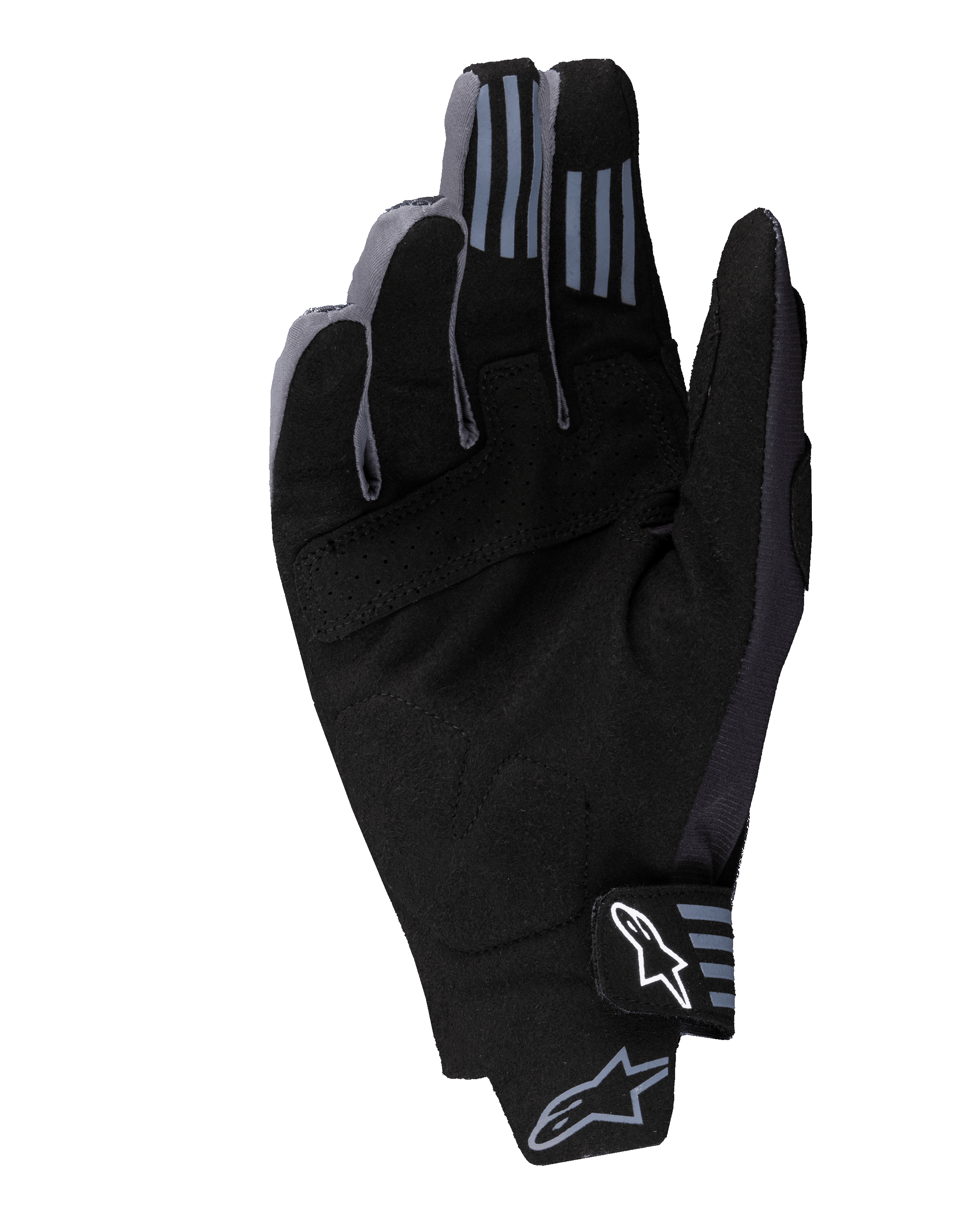 Alpinestars Techstar Gloves 2025, guanti da motocross, nero, vista del palmo in pelle scamosciata sintetica con dettagli traforati, grip in silicone sulla punta delle dita e logo Alpinestars bianco sulla chiusura del polso