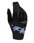 Alpinestars 2025 Techstar Gloves, guanti da motocross, nero con dettagli azzurri e grigi, con grande marchio azzurro e piccolo logo a stella grigio, dorso in ripstop elasticizzato e neoprene per gare fuoristrada