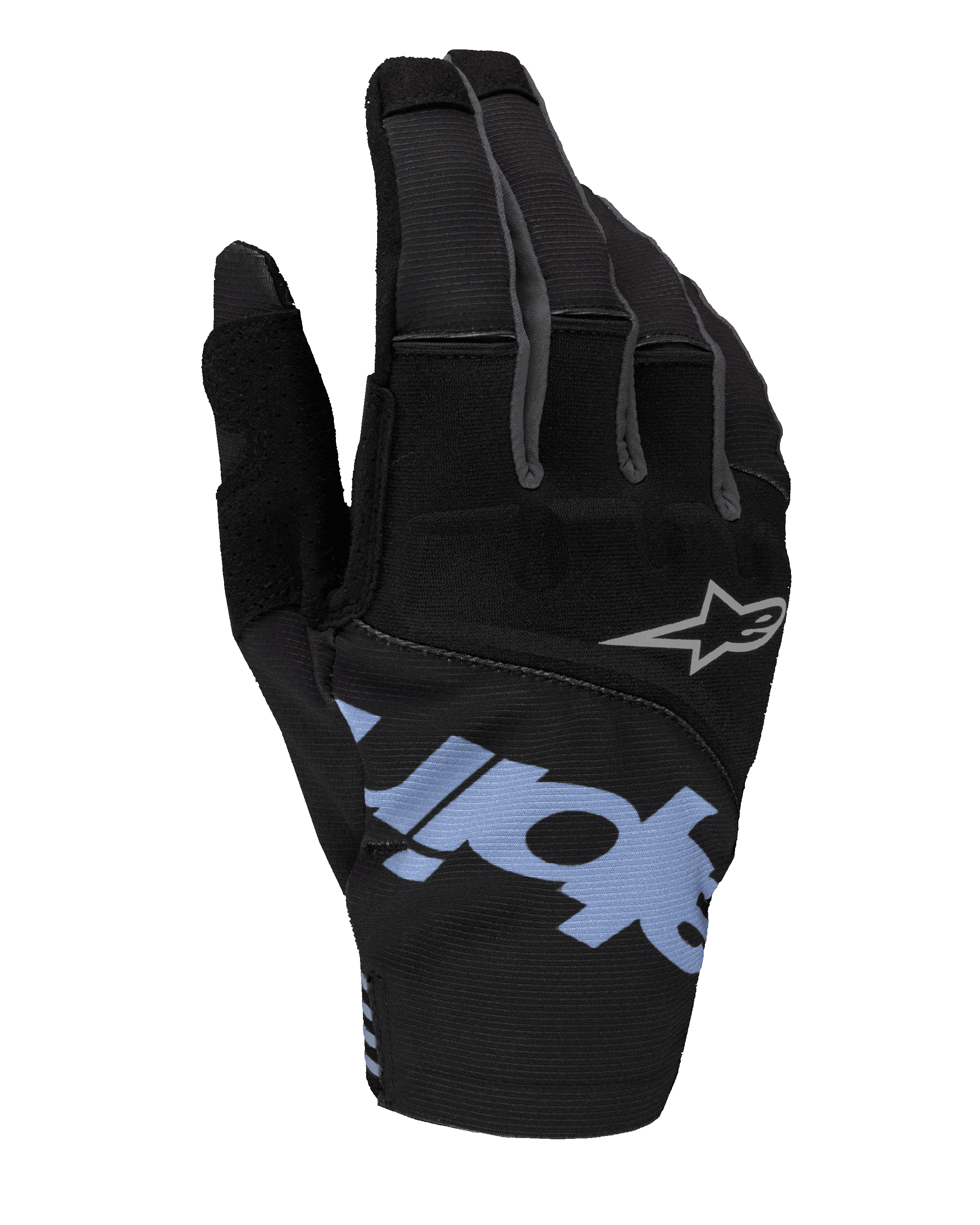 Alpinestars 2025 Techstar Gloves, guanti da motocross, nero con dettagli azzurri e grigi, con grande marchio azzurro e piccolo logo a stella grigio, dorso in ripstop elasticizzato e neoprene per gare fuoristrada