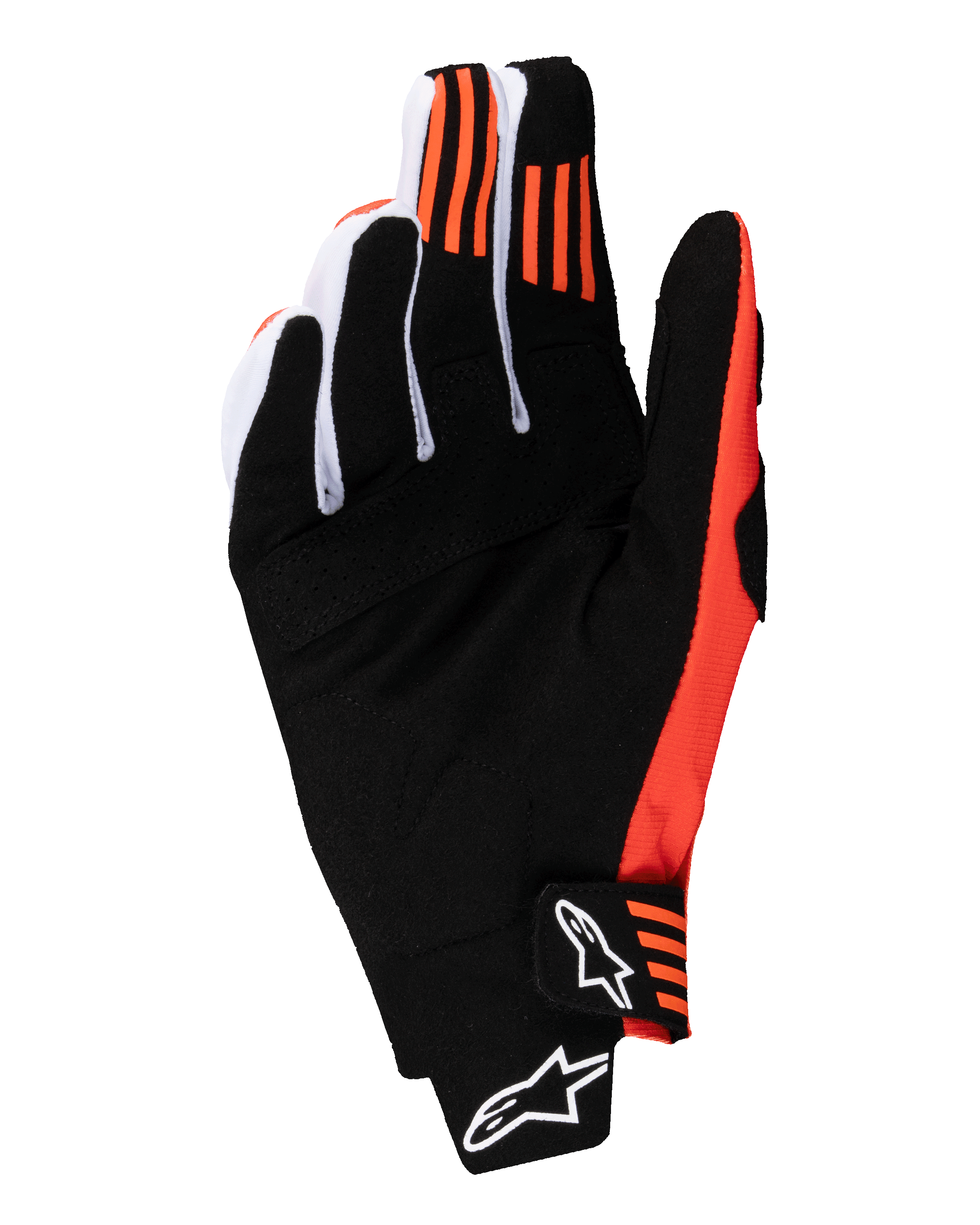 Guanti Alpinestars Techstar 2025, guanti da motocross, nero e arancione acceso, vista del palmo in pelle scamosciata sintetica, inserti in silicone arancione su indice e medio e chiusura sagomata con logo Alpinestars bianco