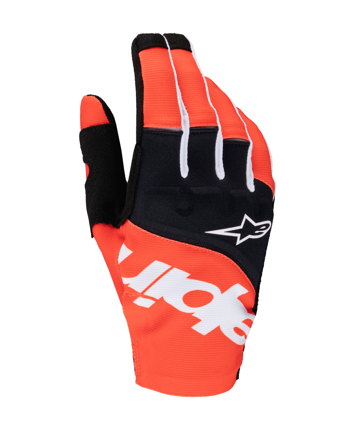 Guanti Alpinestars Techstar 2025, guanti da motocross, nero e arancione acceso, con branding Alpinestars bianco sul dorso, logo a stella bianco sul pannello delle nocche nero, abbigliamento tecnico per corse fuoristrada