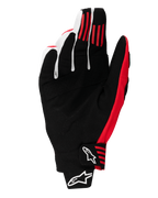 Alpinestars 2025 Techstar Gloves, guanti da motocross, nero e rosso brillante, vista del palmo con costruzione in pelle scamosciata sintetica, strisce antiscivolo in silicone rosso sulle dita e chiusura del polso sagomata con loghi Alpinestars bianchi