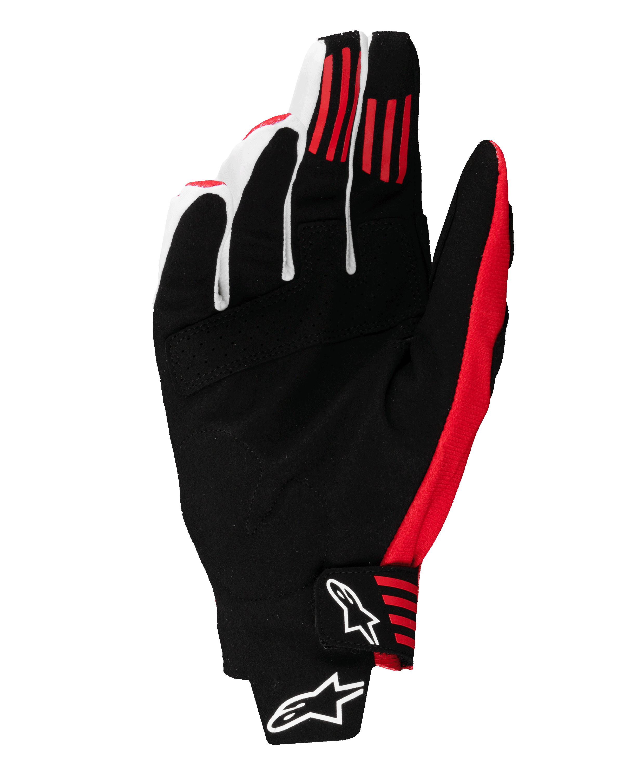 Alpinestars 2025 Techstar Gloves, guanti da motocross, nero e rosso brillante, vista del palmo con costruzione in pelle scamosciata sintetica, strisce antiscivolo in silicone rosso sulle dita e chiusura del polso sagomata con loghi Alpinestars bianchi