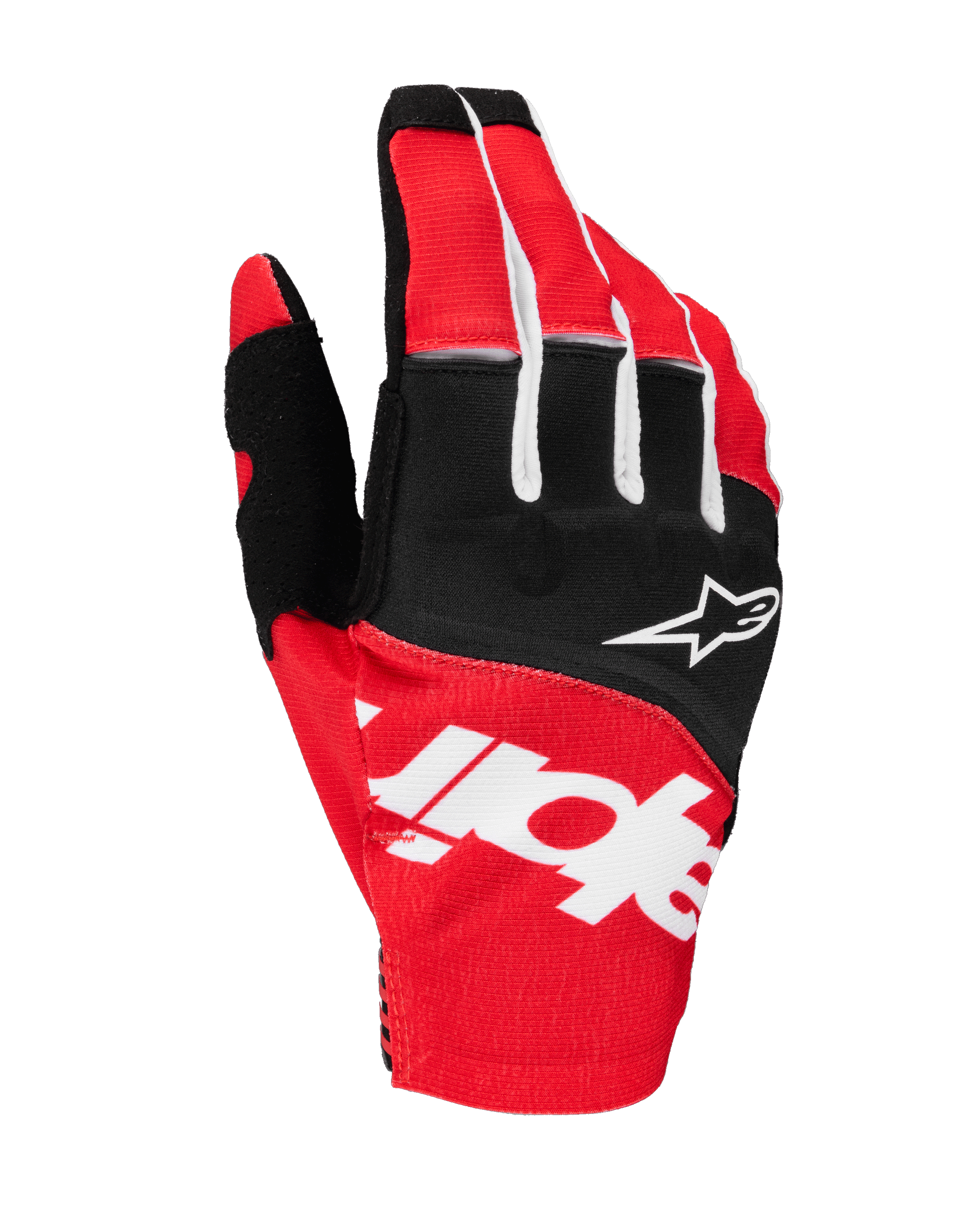 Alpinestars 2025 Techstar Gloves, guanti da motocross, nero e rosso acceso con dettagli bianchi, grande marchio Alpinestars sublimato sul dorso e logo a stella sulle nocche, tessuto elasticizzato resistente per corse fuoristrada