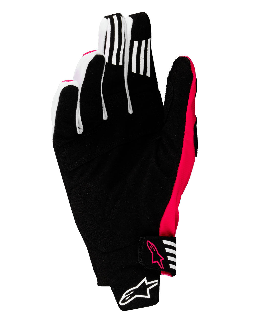 Alpinestars Guanti Techstar 2025, guanti da motocross, nero e rosa fluo, vista del palmo con pelle scamosciata sintetica rinforzata, strisce bianche antiscivolo sulle dita, dettagli e loghi rosa fluo, chiusura del polso senza cuciture con marchio Alpinestars