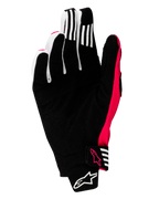 Alpinestars Guanti Techstar 2025, guanti da motocross, nero e rosa fluo, vista del palmo con pelle scamosciata sintetica rinforzata, strisce bianche antiscivolo sulle dita, dettagli e loghi rosa fluo, chiusura del polso senza cuciture con marchio Alpinestars