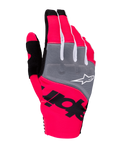 Alpinestars Guanti Techstar 2025, guanti da motocross, rosa fluo, grigio e nero, con pannelli grigi sulle nocche e logo bianco, grafica nera su tessuto elasticizzato rosa neon, design leggero con dettagli bianchi per prestazioni off-road