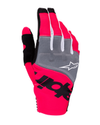 Alpinestars Guanti Techstar 2025, guanti da motocross, rosa fluo, grigio e nero, con pannelli grigi sulle nocche e logo bianco, grafica nera su tessuto elasticizzato rosa neon, design leggero con dettagli bianchi per prestazioni off-road
