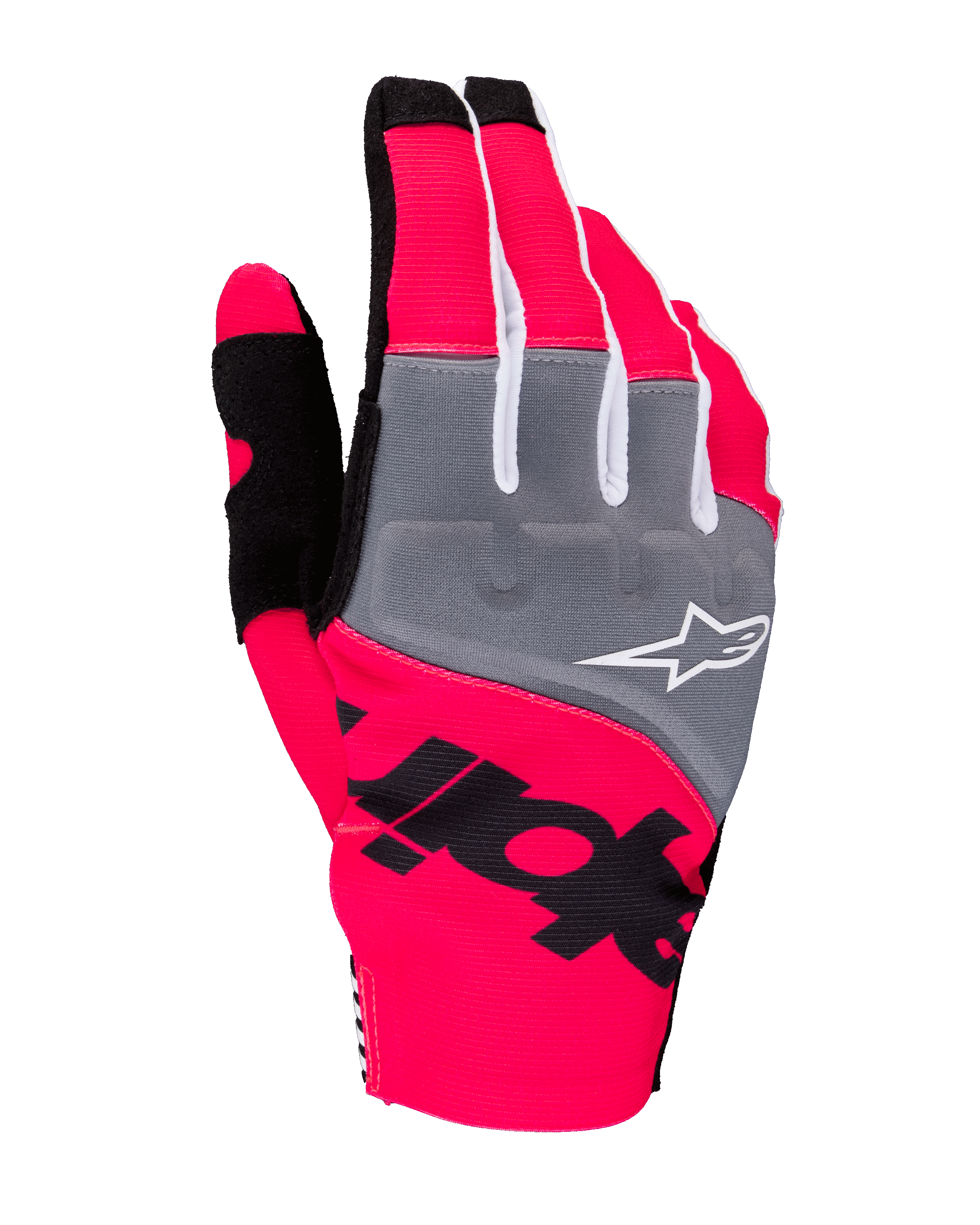 Alpinestars Guanti Techstar 2025, guanti da motocross, rosa fluo, grigio e nero, con pannelli grigi sulle nocche e logo bianco, grafica nera su tessuto elasticizzato rosa neon, design leggero con dettagli bianchi per prestazioni off-road