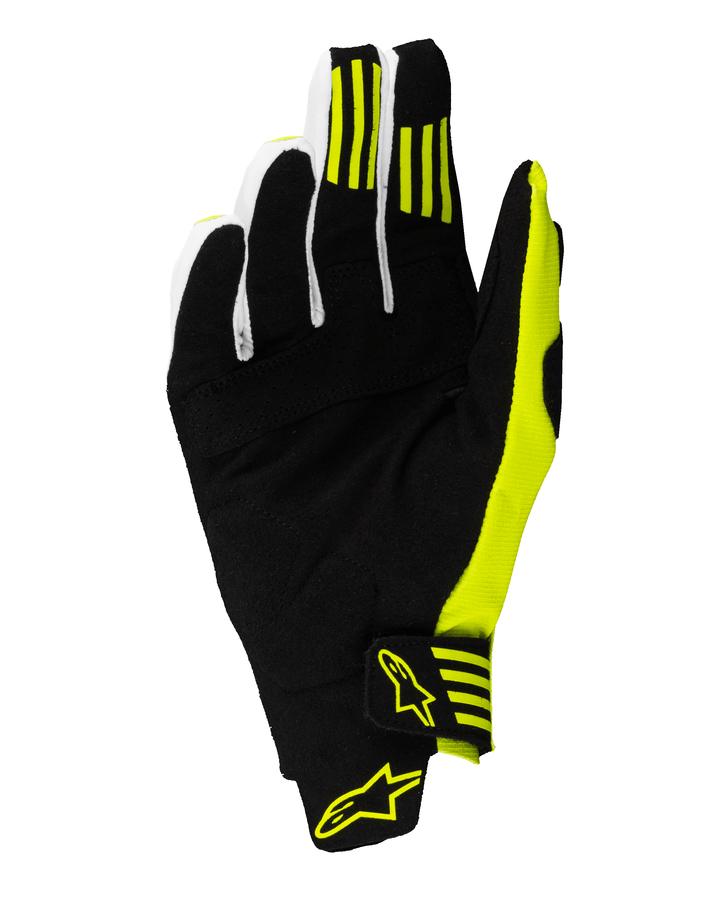 Alpinestars Techstar Gloves 2025, guanti da motocross, nero e giallo fluo, vista del palmo con pelle scamosciata sintetica rinforzata, strisce in silicone per il grip su primo e secondo dito, chiusura sicura del polso con loghi gialli.