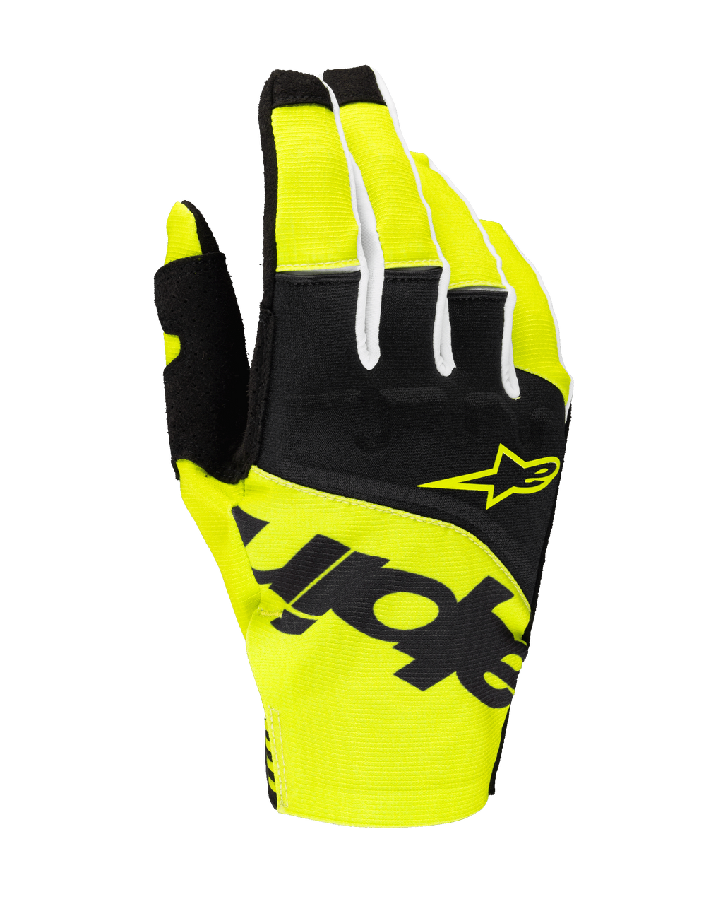 Alpinestars Guanti Techstar 2025, guanti da motocross, nero e giallo fluo, con logo a stella giallo e branding nero, costruzione in tessuto con micro ripstop per prestazioni off-road
