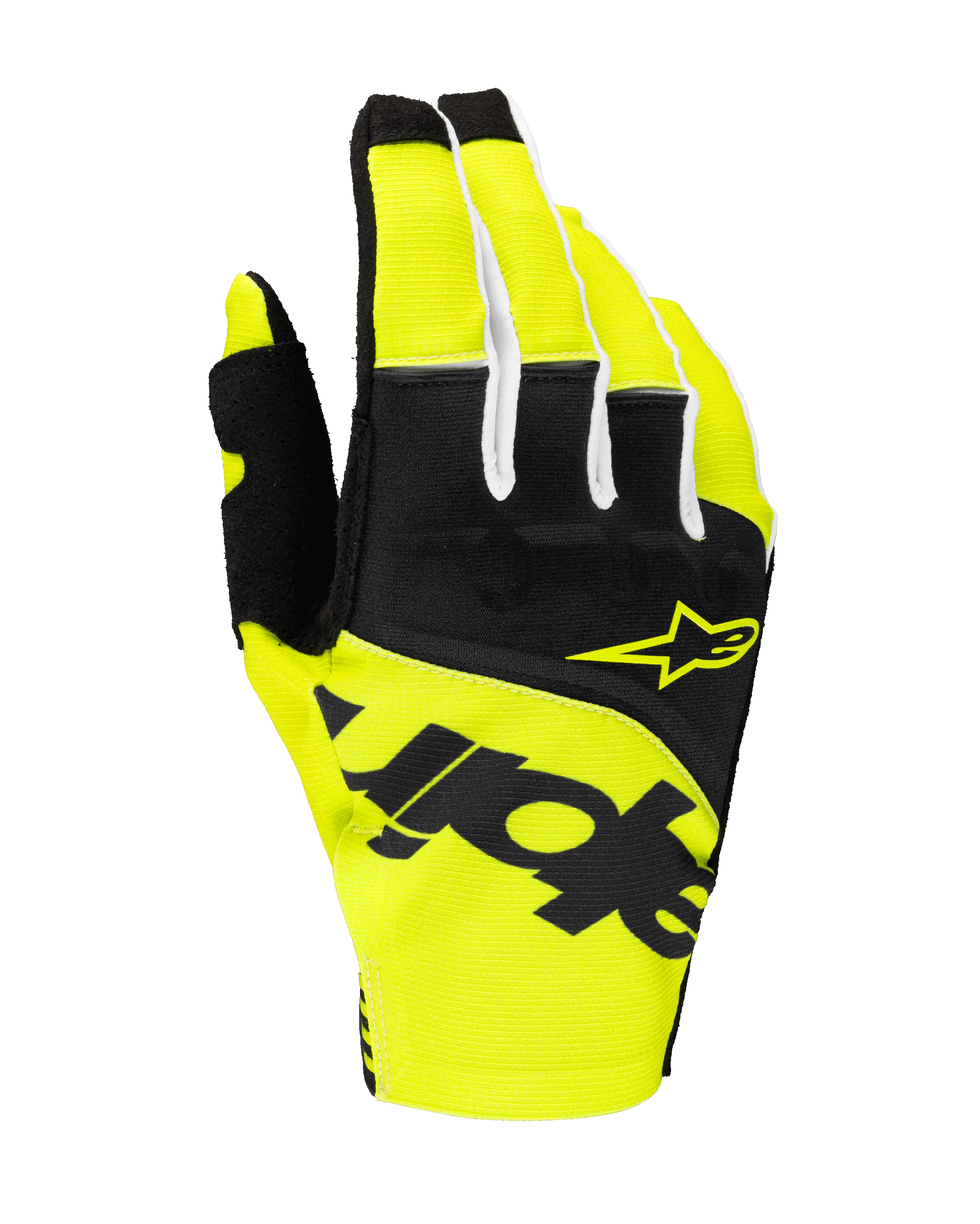 Alpinestars Guanti Techstar 2025, guanti da motocross, nero e giallo fluo, con logo a stella giallo e branding nero, costruzione in tessuto con micro ripstop per prestazioni off-road