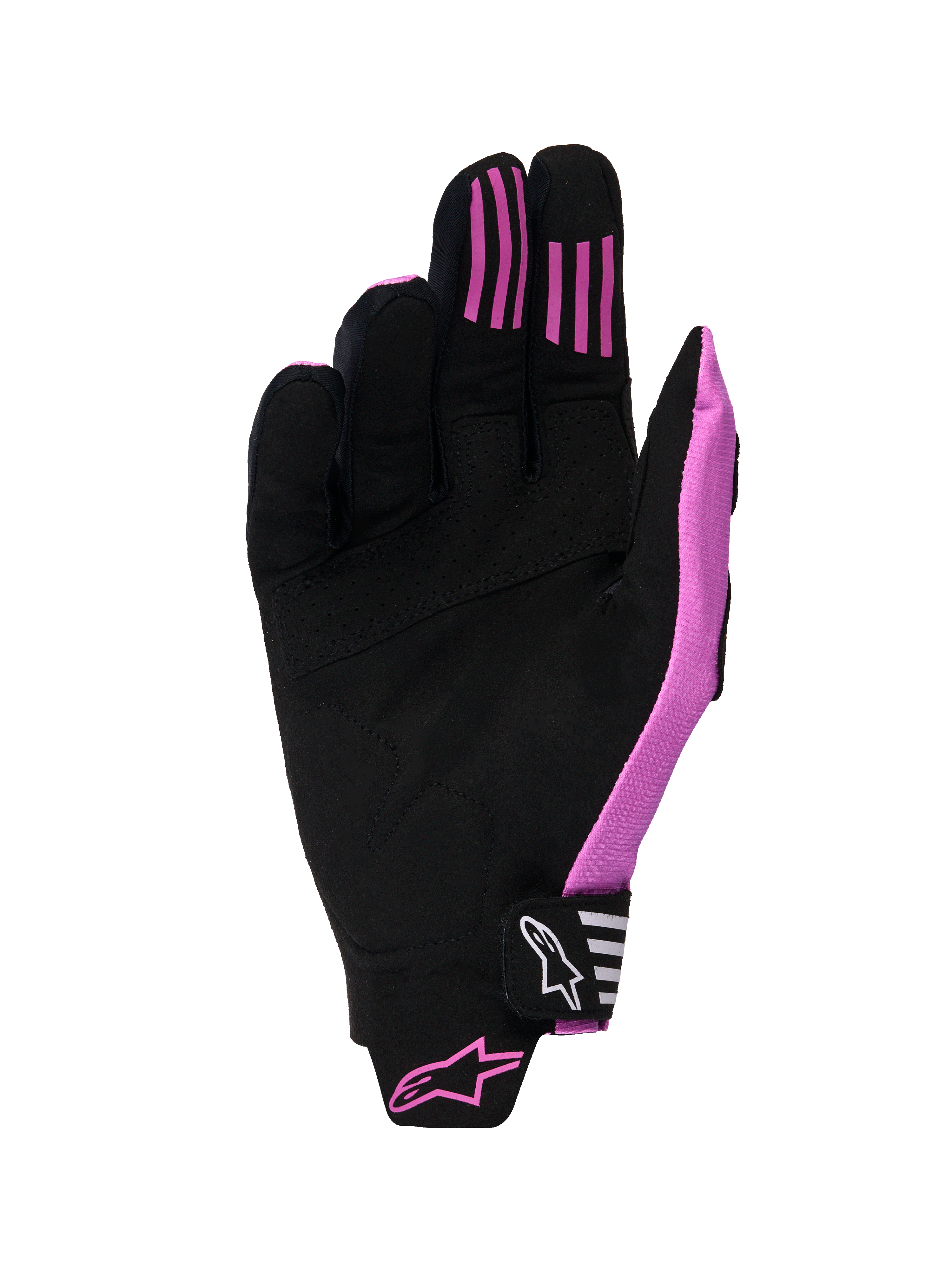 Alpinestars 2026 Techstar Gloves, guanti da motocross, nero e viola, vista del palmo con costruzione in pelle scamosciata sintetica, strisce grip in silicone sulle dita e chiusura a strappo in Velcro sagomata con logo.