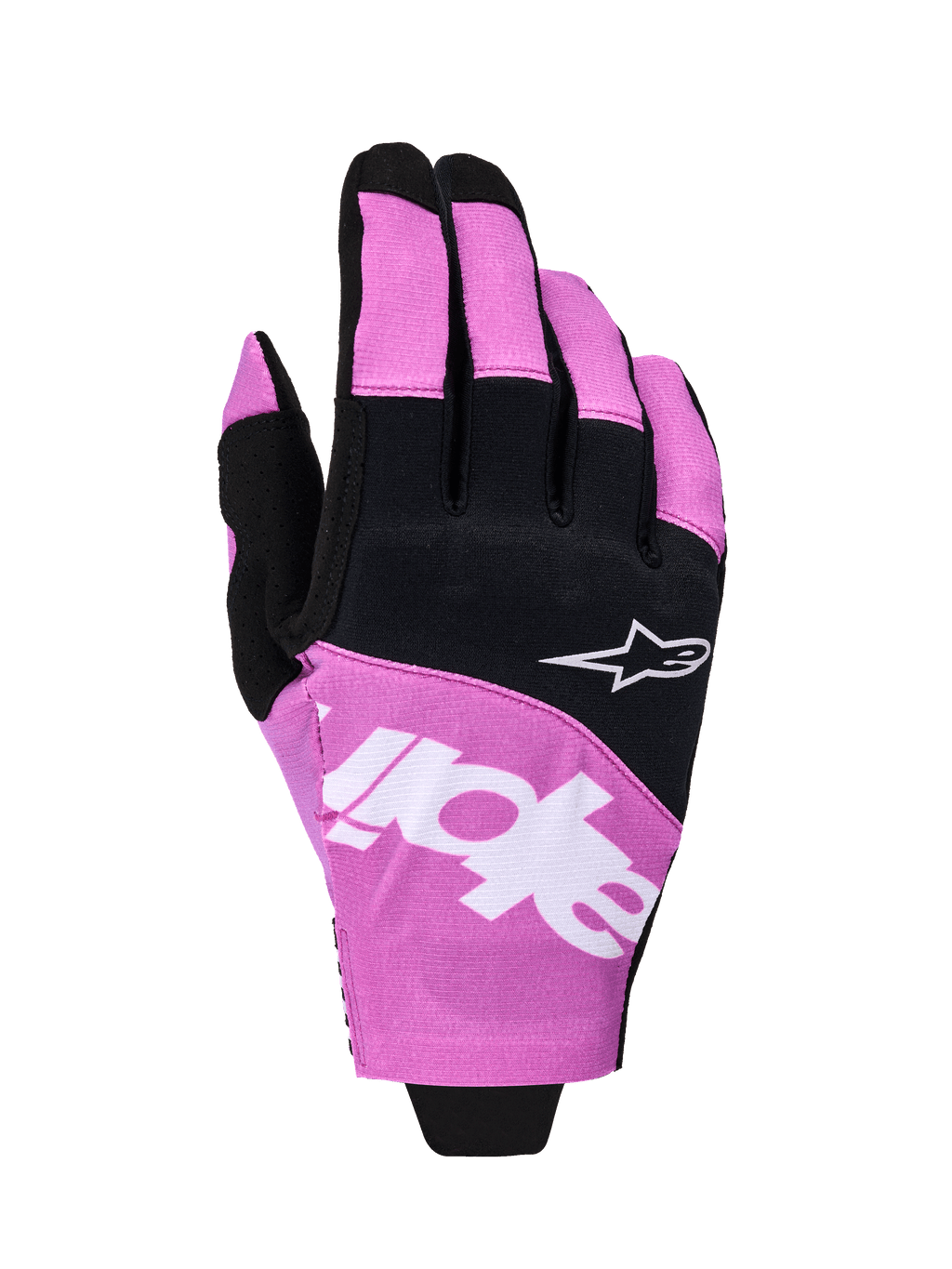 Guanti Alpinestars Techstar 2026, guanti da motocross, nero e viola, vista del dorso con logo Astar bianco e scritte, costruzione in micro ripstop elasticizzato, protezione tecnica per le mani per il fuoristrada