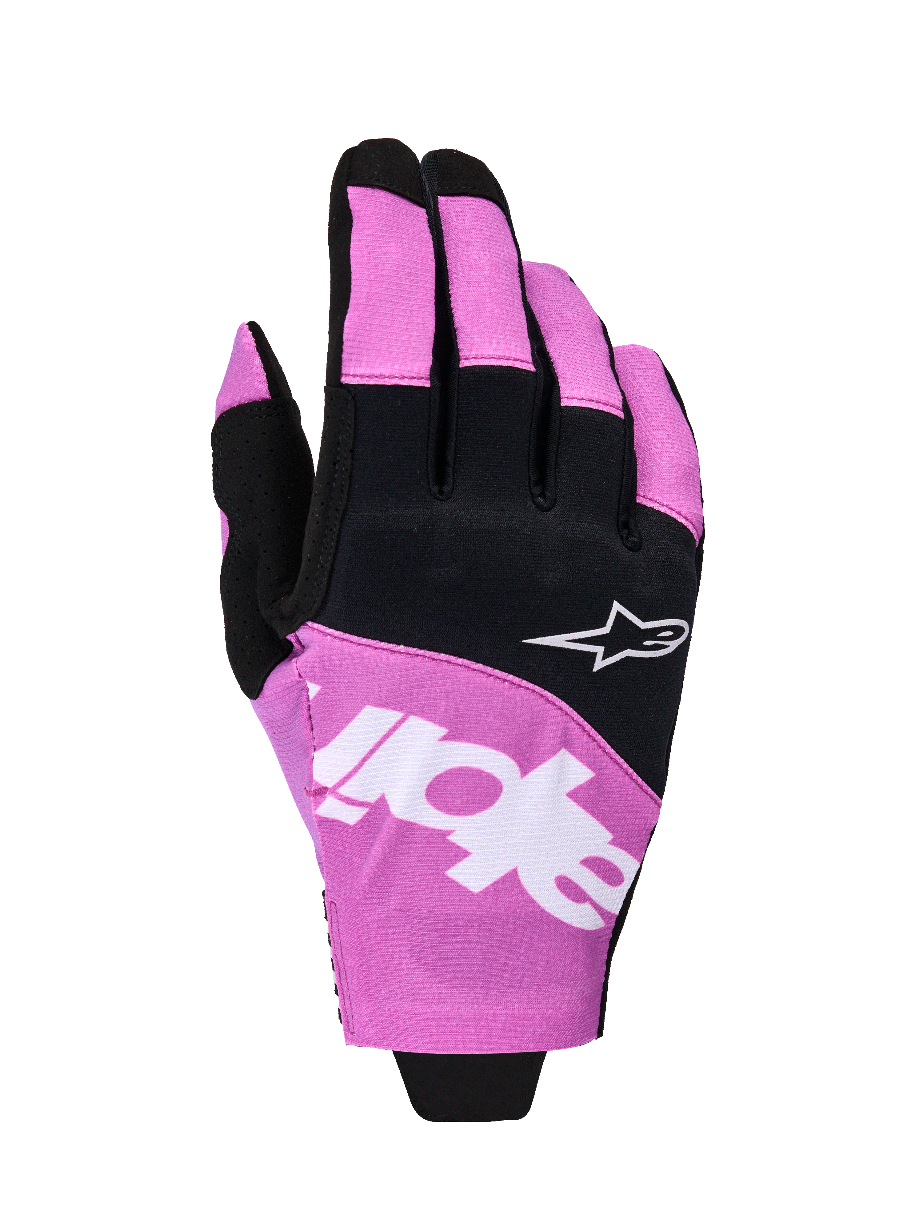 Guanti Alpinestars Techstar 2026, guanti da motocross, nero e viola, vista del dorso con logo Astar bianco e scritte, costruzione in micro ripstop elasticizzato, protezione tecnica per le mani per il fuoristrada