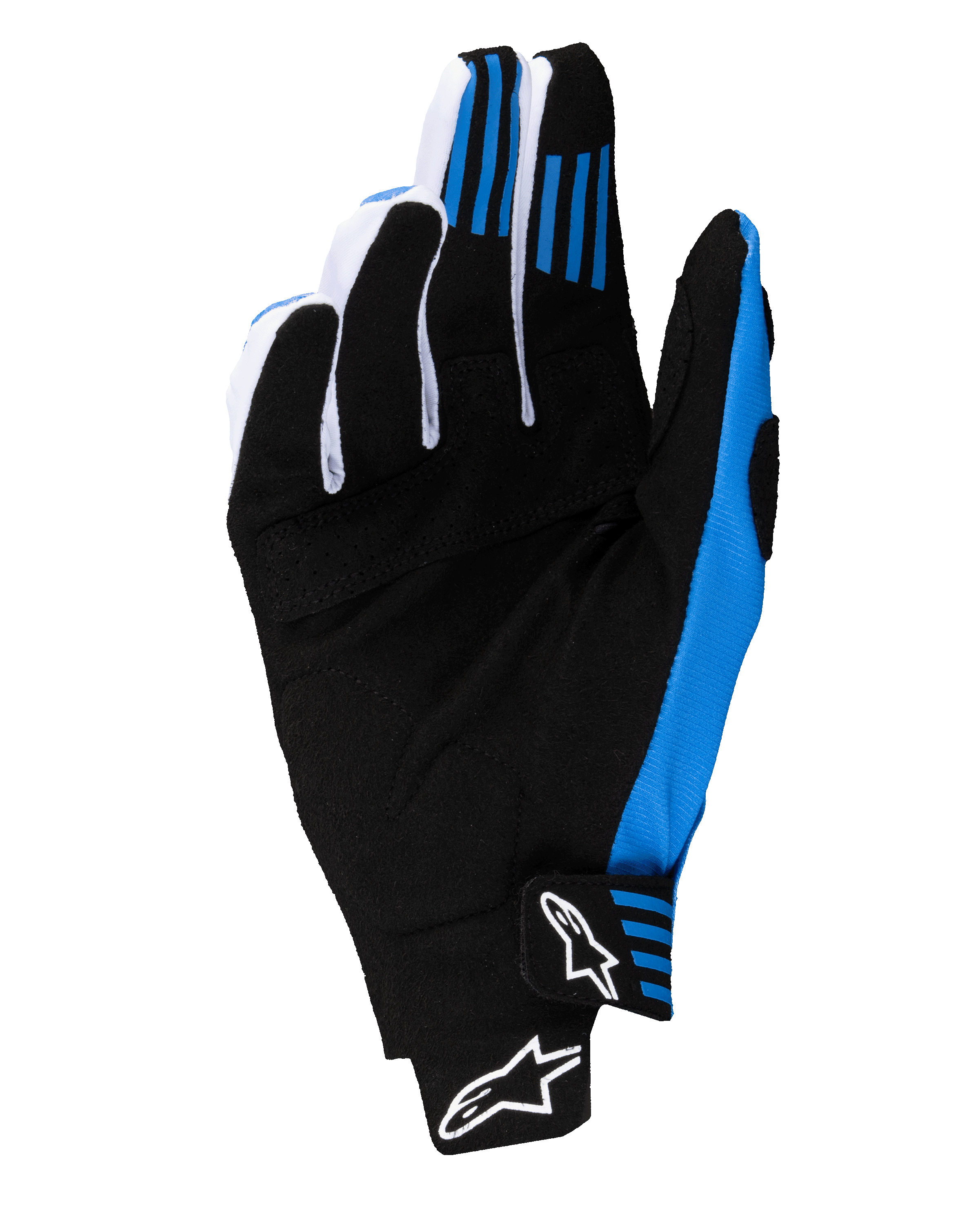 Guanti Alpinestars Techstar 2025, guanti da motocross, nero e blu, vista del palmo che mostra la costruzione in pelle scamosciata sintetica rinforzata, grip in silicone blu sulle dita e chiusura del polso senza cuciture con loghi Astars bianchi.