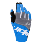 Alpinestars Guanti Techstar 2025, guanti da motocross, blu e grigio con accenti bianchi e neri, logo a stella bianco sulle nocche, vistoso marchio bianco sul dorso e struttura in tessuto a coste per corse off-road
