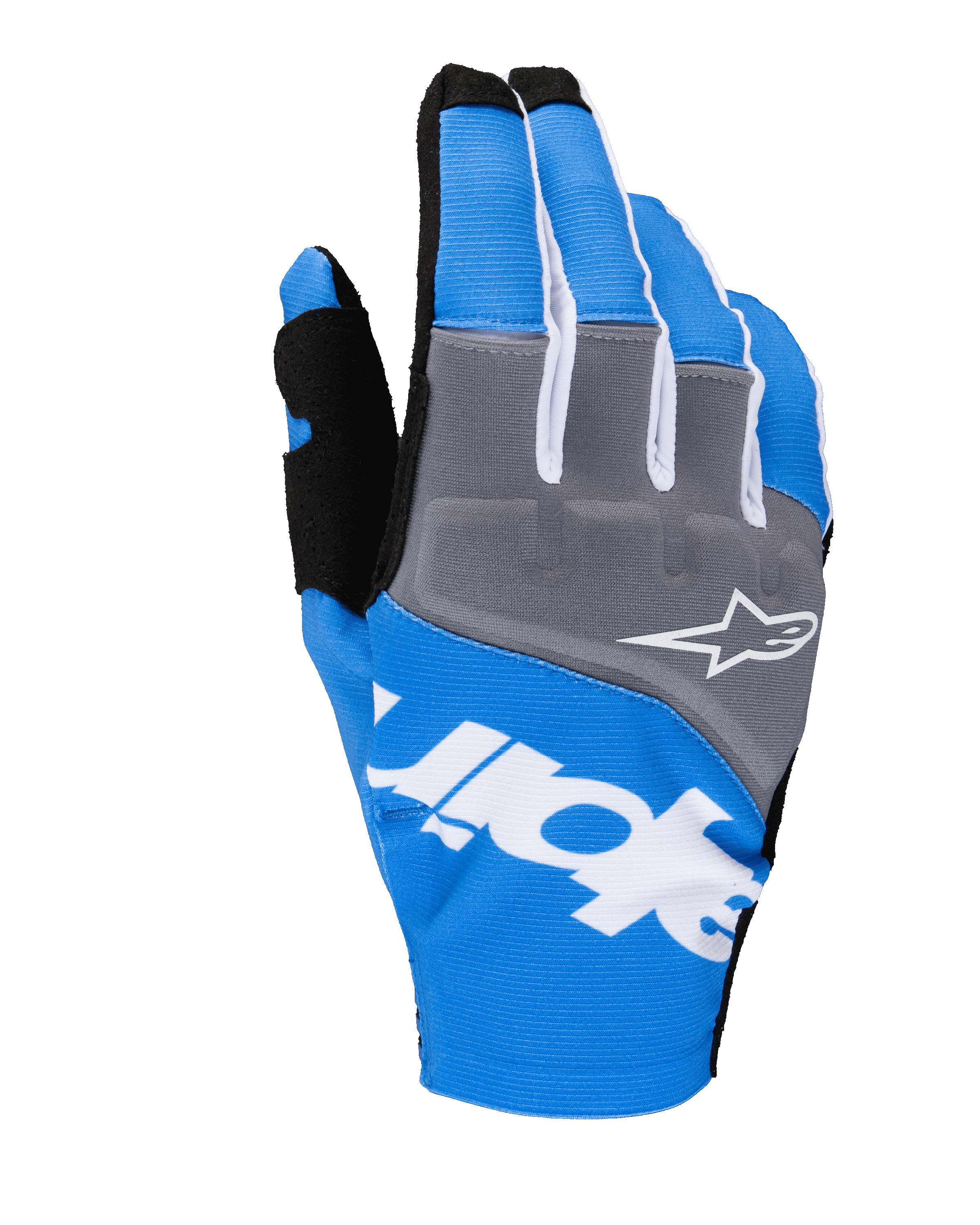 Alpinestars Guanti Techstar 2025, guanti da motocross, blu e grigio con accenti bianchi e neri, logo a stella bianco sulle nocche, vistoso marchio bianco sul dorso e struttura in tessuto a coste per corse off-road
