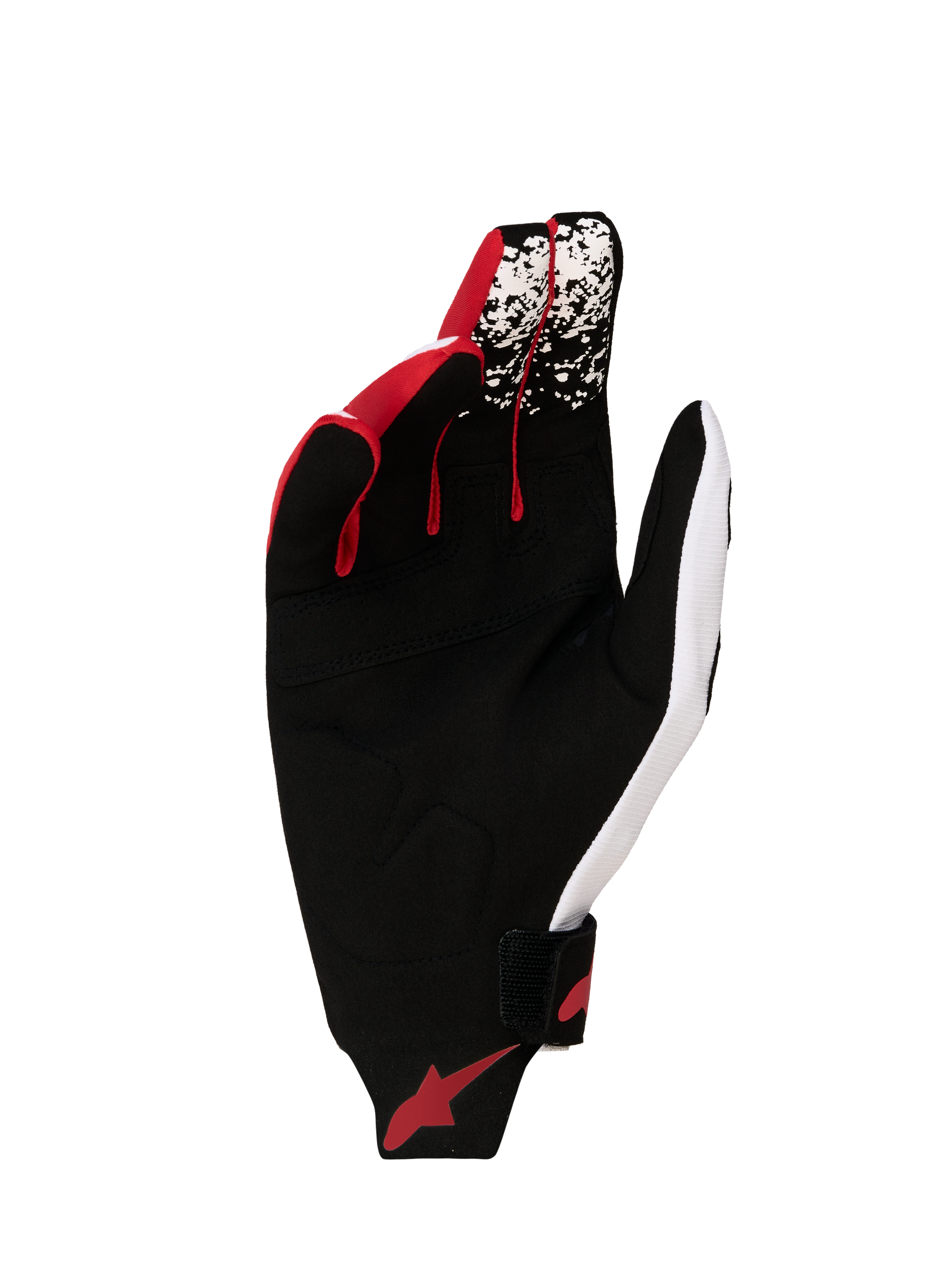 Alpinestars Guanti Techstar 2027, guanti da motocross neri e bianchi con rosso fluo, palmo in pelle scamosciata rinforzata.