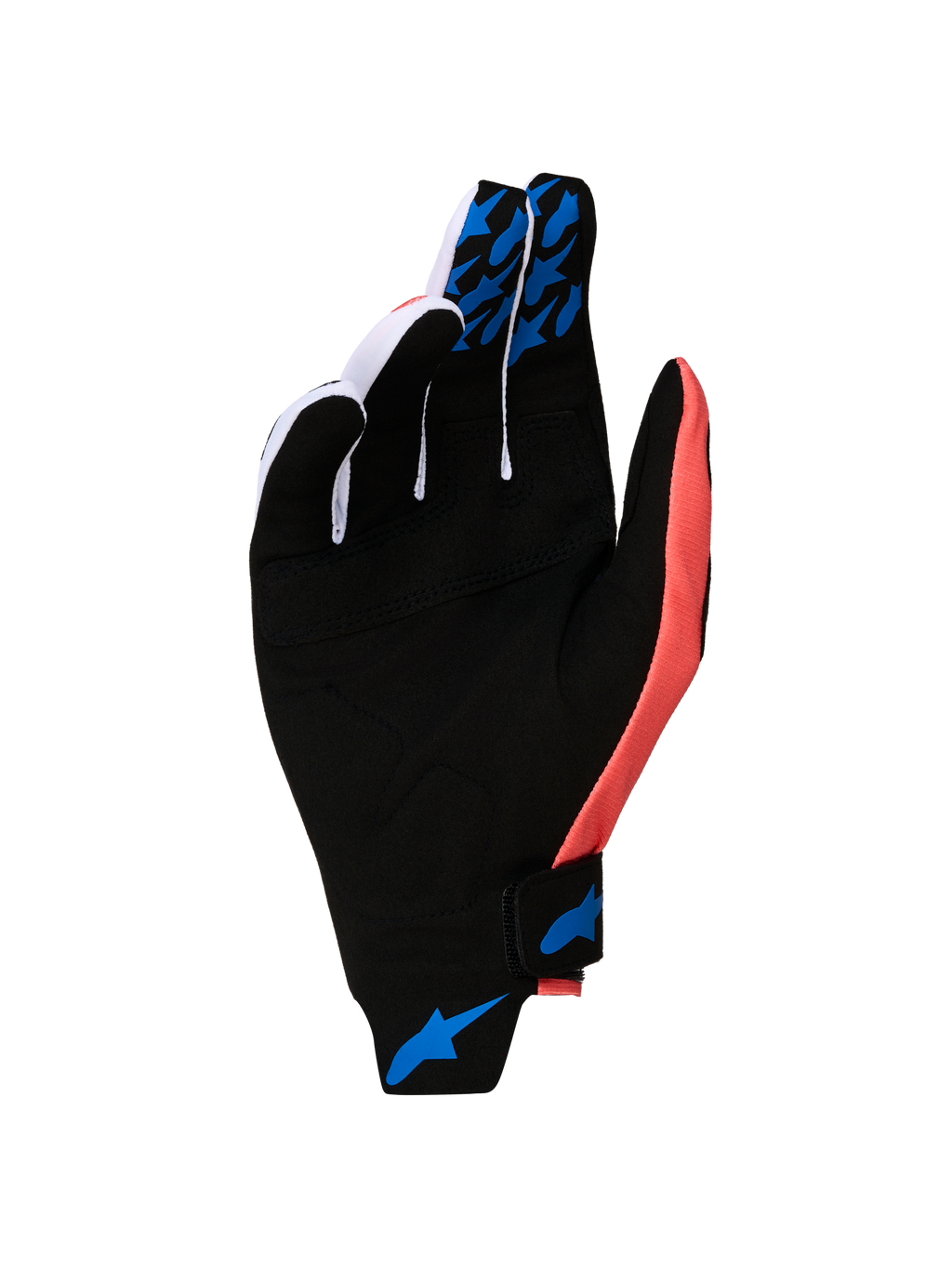 Alpinestars Guanti Techstar 2027, guanti da motocross neri e rosa con palmo in pelle scamosciata sintetica, grip in silicone blu e chiusura a strappo sicura.