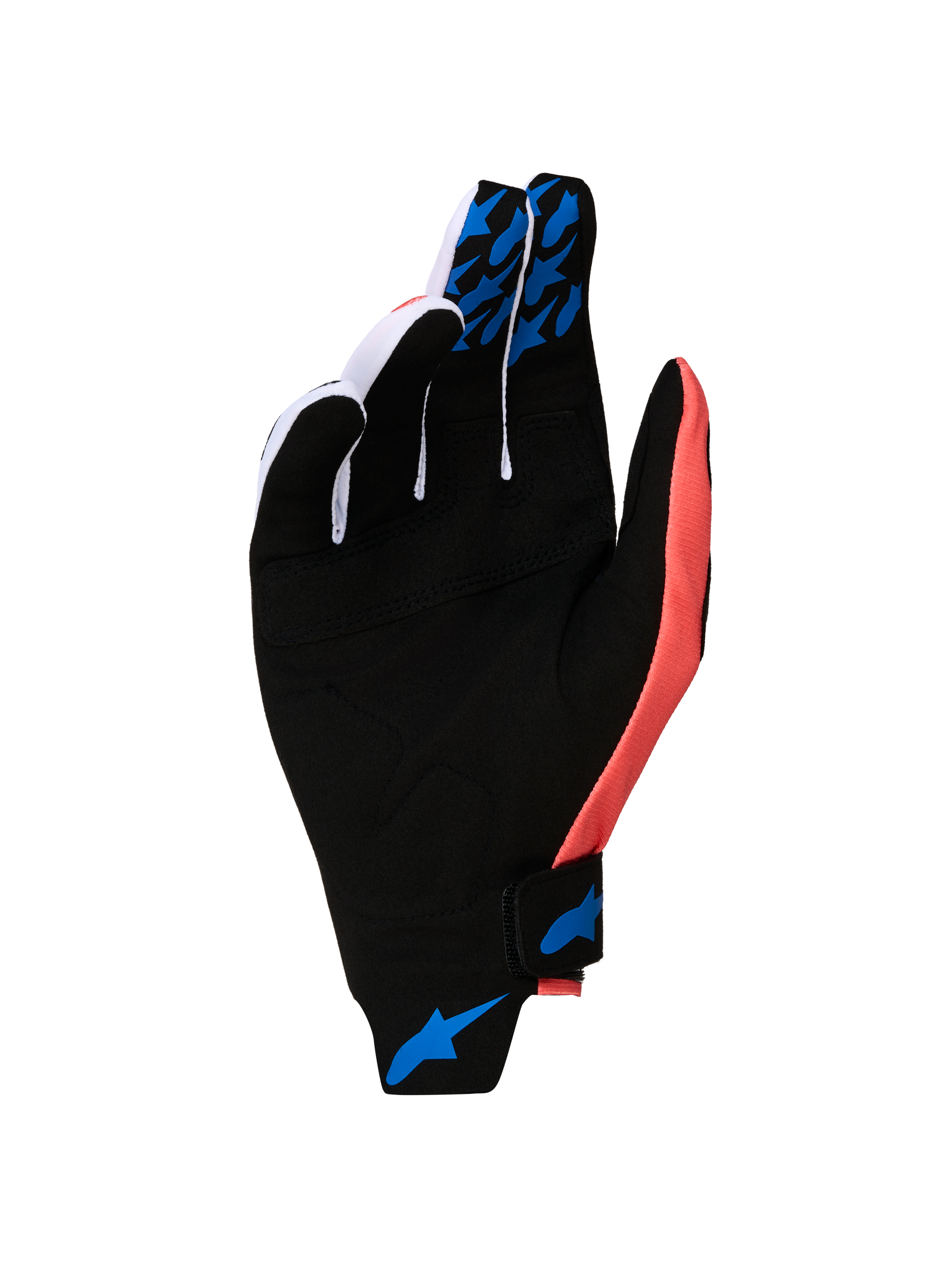 Alpinestars Guanti Techstar 2027, guanti da motocross neri e rosa con palmo in pelle scamosciata sintetica, grip in silicone blu e chiusura a strappo sicura.