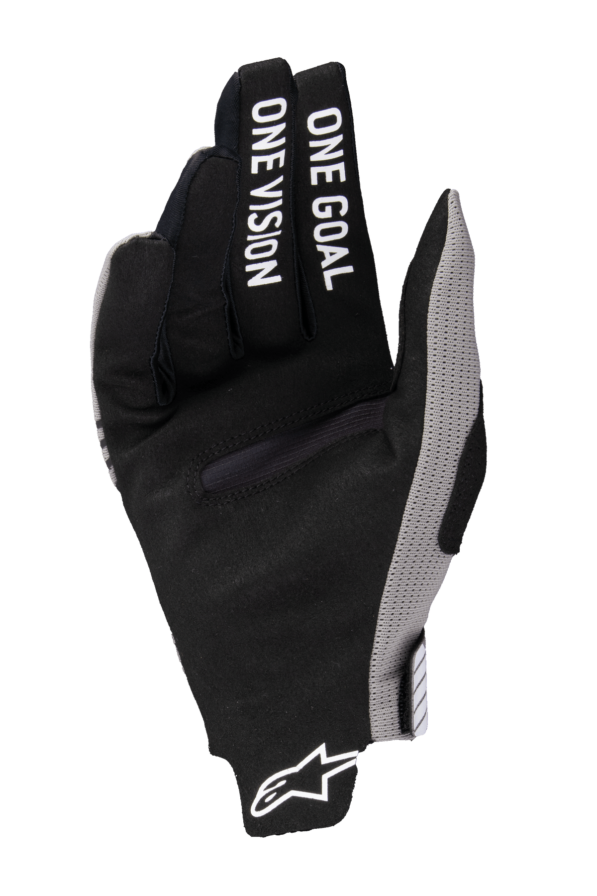 Alpinestars 2025 Radar Pro Gloves, guanti da motocross, nero con accenti grigi, vista del palmo con la scritta 'ONE GOAL ONE VISION' stampata sulle dita, materiale in pelle scamosciata sintetica, design minimalista per prestazioni off-road