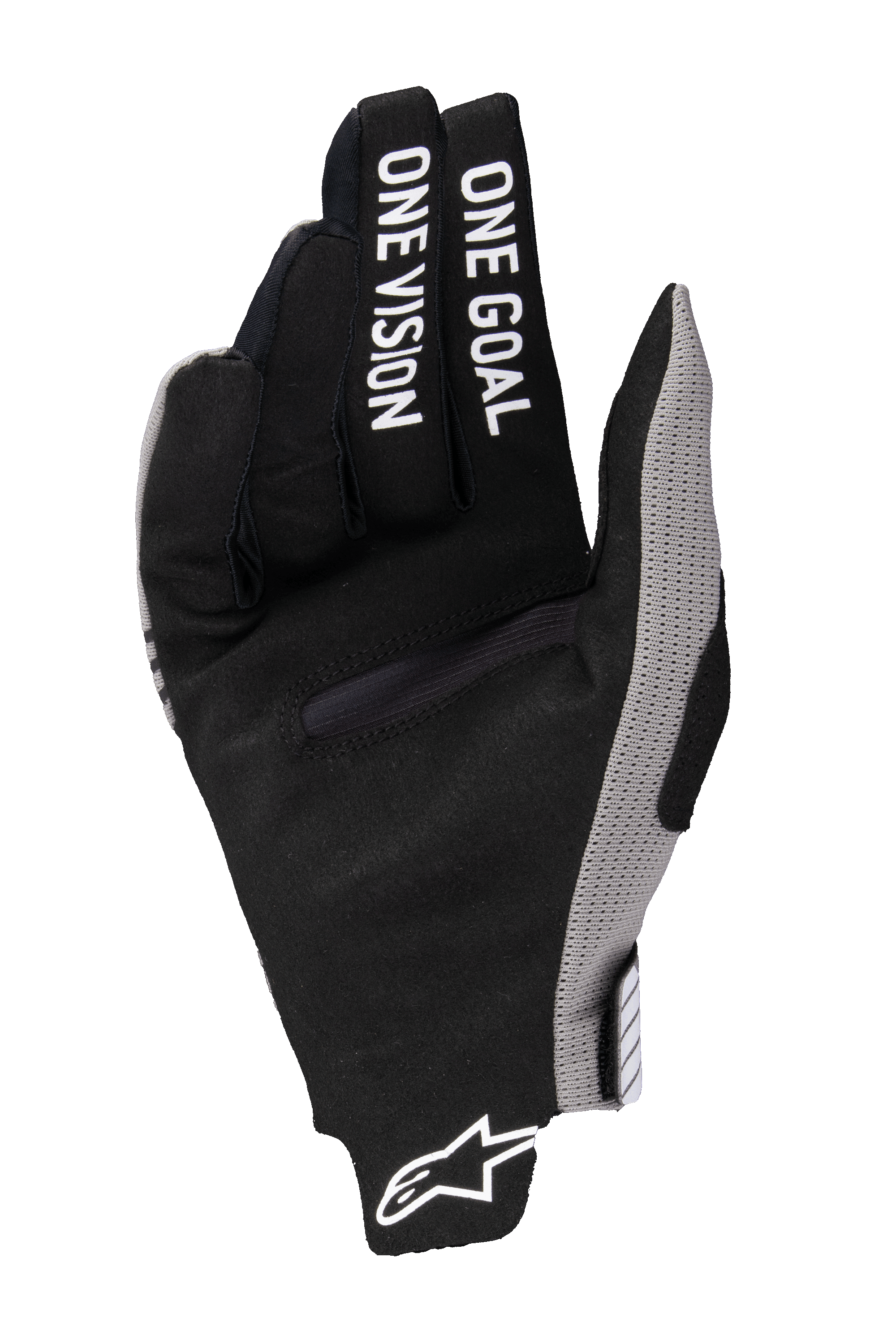 Alpinestars 2025 Radar Pro Gloves, guanti da motocross, nero con accenti grigi, vista del palmo con la scritta 'ONE GOAL ONE VISION' stampata sulle dita, materiale in pelle scamosciata sintetica, design minimalista per prestazioni off-road