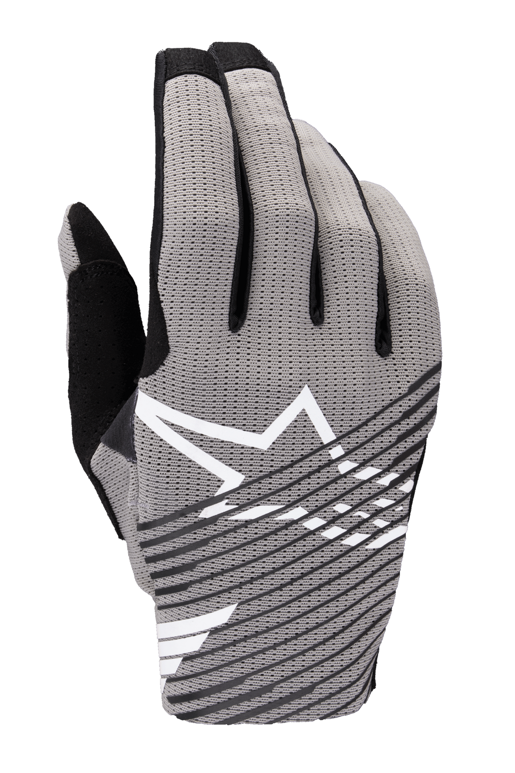 Guanti Alpinestars 2025 Radar Pro, guanti da motocross, grigio con accenti neri e bianchi, caratterizzati da dorso in mesh traspirante elasticizzato a 4 vie, logo con stella bianca, design a strisce diagonali nere, stile racing minimalista